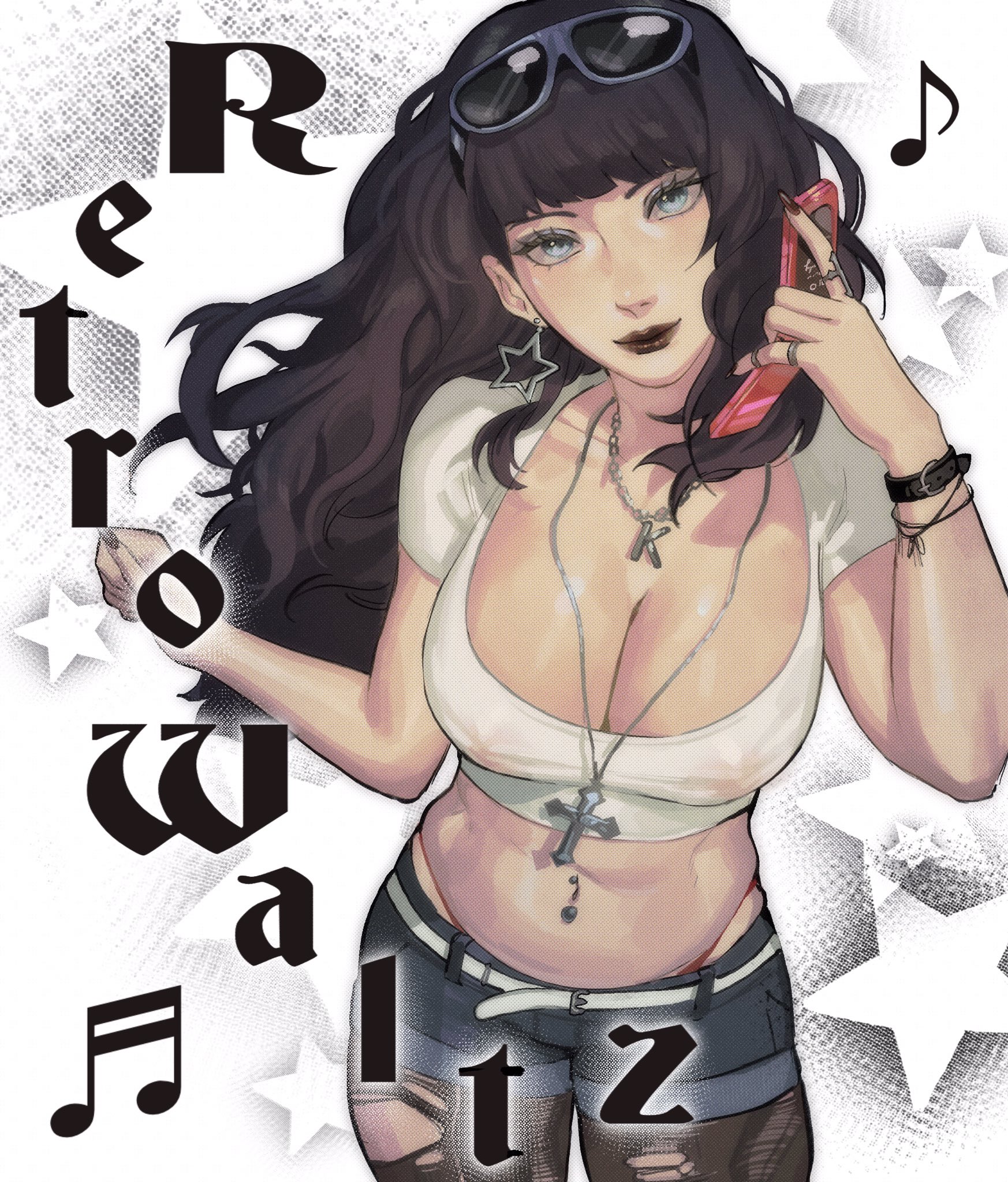 big breasts, black hair, black lipstick, blue eyes, breasts, cleavage, crop top, cross necklace, female, female torso, flip phone, ksooupart, large breasts, leggings, light skin, light-skinned female, looking at viewer, looking up, navel, navel piercing, necklace, nipple bulge, nipples visible through clothing, phone, red thong, retro waltz, ripped pants, ripped stockings, ripping clothing, short shorts, shorts, stockings, streetwear, sunglasses on head, thong straps, tight clothing, unknown character, white shirt, y2k, y2k fashion