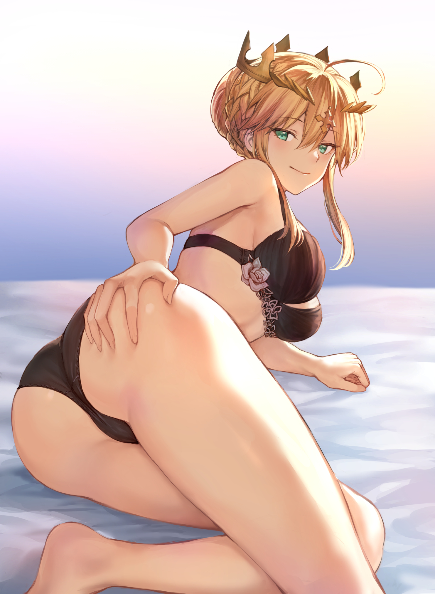 1girls, artoria pendragon, artoria pendragon (lancer), ass, black bra, black lingerie, black panties, blonde hair, blue eyes, bra, breasts, crown, fate (series), fate/grand order, female, female ass, female only, grabbing own ass, large breasts, lingerie, looking at viewer, mashu 003, panties, pinup, smile, solo, thighs, type-moon, underwear