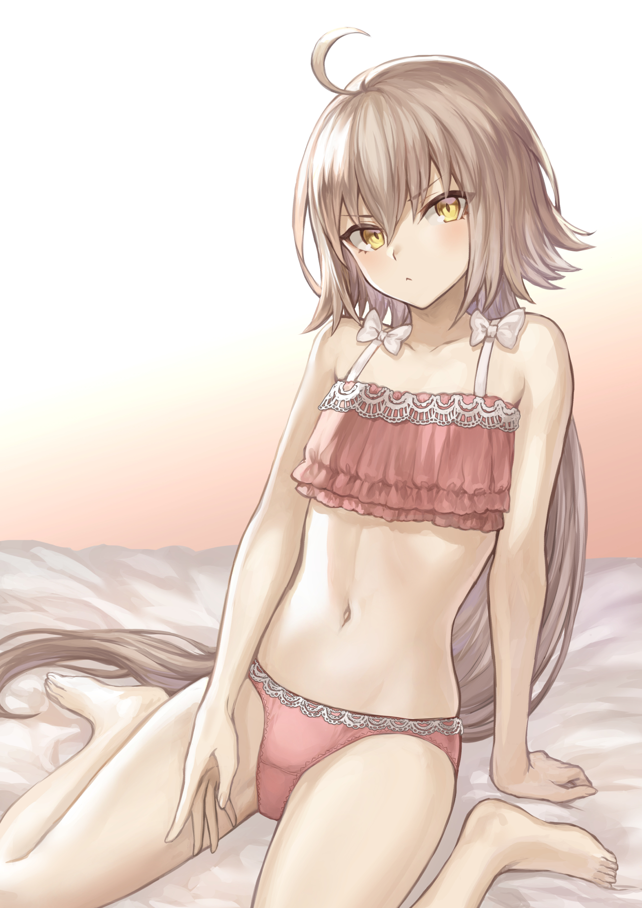 fate (series), fate/grand order, female, jeanne alter, lingerie, long hair, looking at viewer, mashu 003, panties, pink panties, underwear, yellow eyes