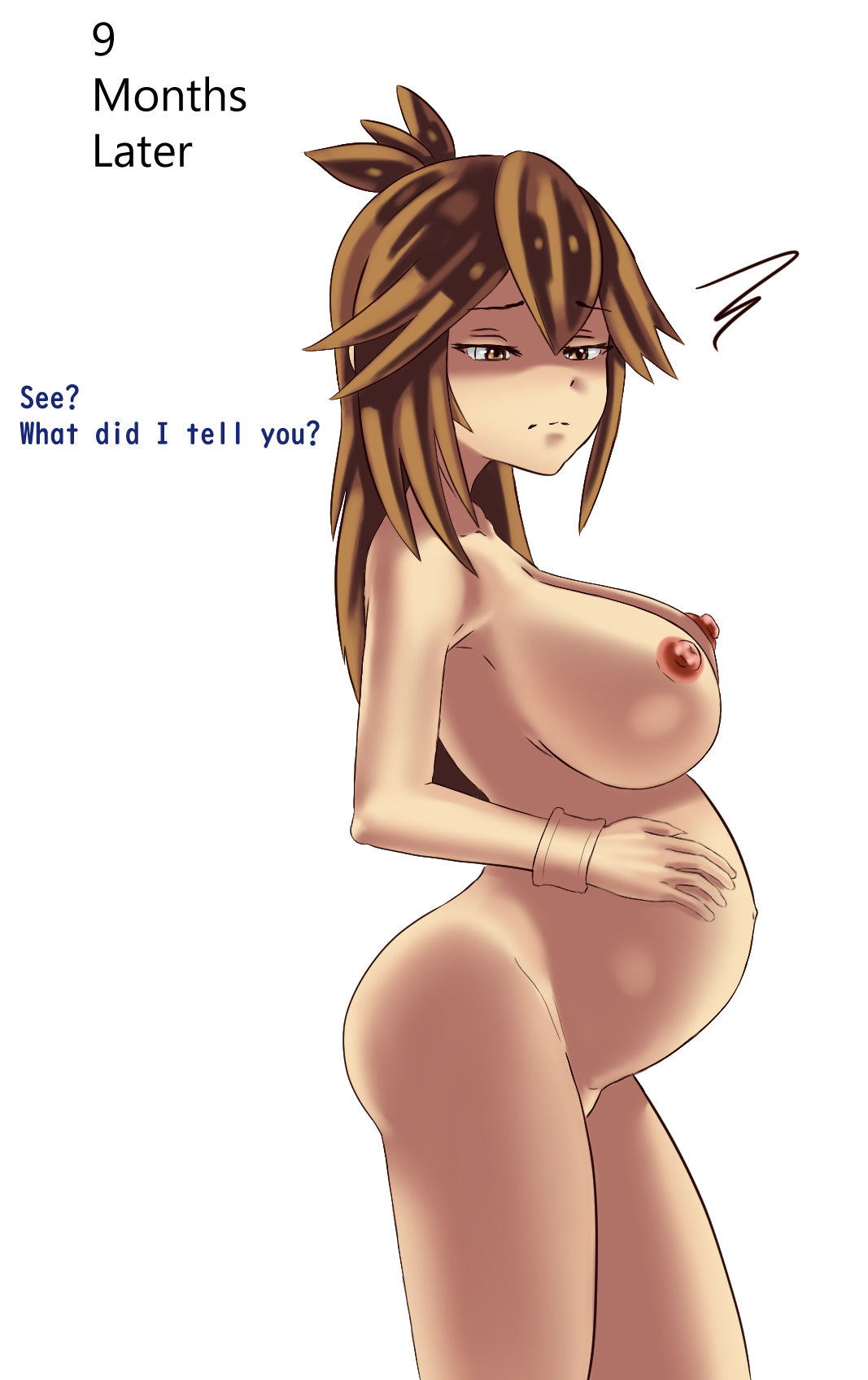 1girls, big breasts, big nipples, breasts, brown eyes, brown hair, female, green (pokemon), hand on belly, human, human only, large breasts, long hair, navel, nipples, nude, outie navel, pokemon, pokemon lgpe, pokemon rgby, pregnancy, pregnant, pregnant belly, side view, smug, tipsypaipai, wristband