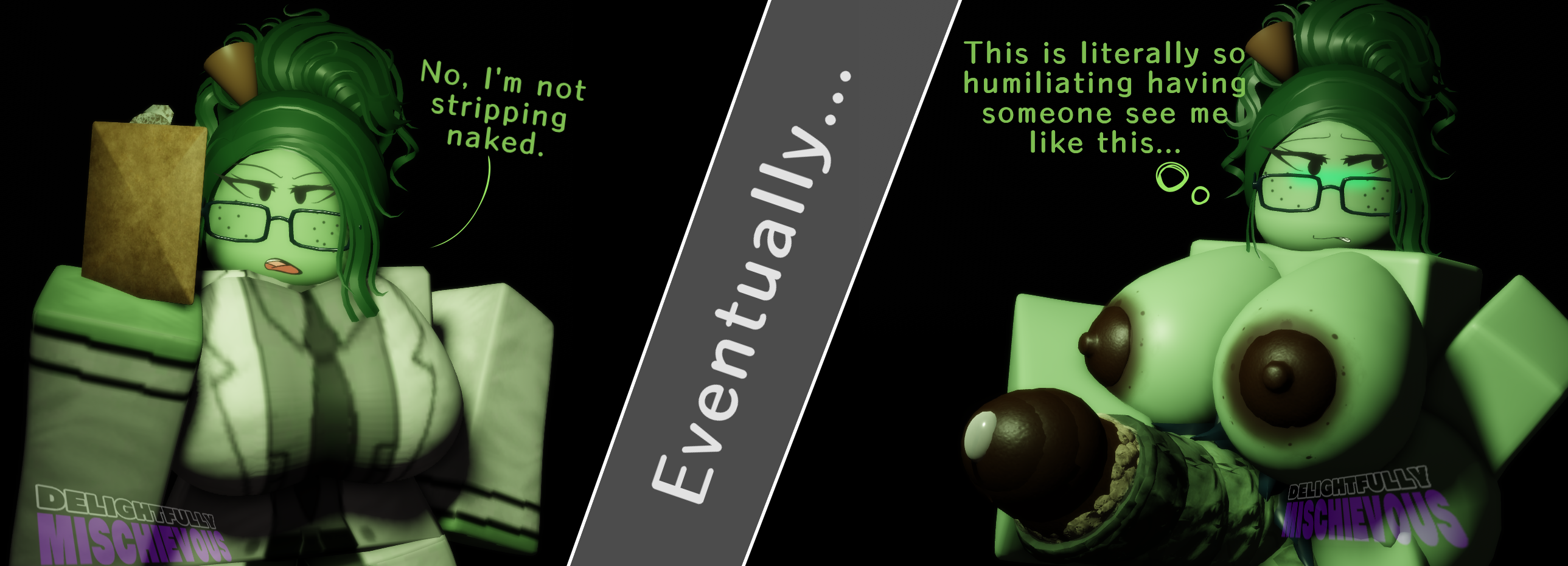 1futa, 3d, black eyes, black tie, blush, brown nipples, clothed, dark green hair, dark tip, delightfullymischievous, dialogue, dialogues, dirty penis, embarrassed, embarrassed female, embarrassed nude female, embarrassed nude futa, english text, female, food, food creature, food humanoid, futa only, futanari, glasses, green blush, green skin, hair bun, holding clipboard, intersex, labcoat, lashes, massive penis, pear, pear (dmischievous), penis, pre-cum, precum, roblox, robloxian, scientist, self upload, smegma, text, tie, watermark