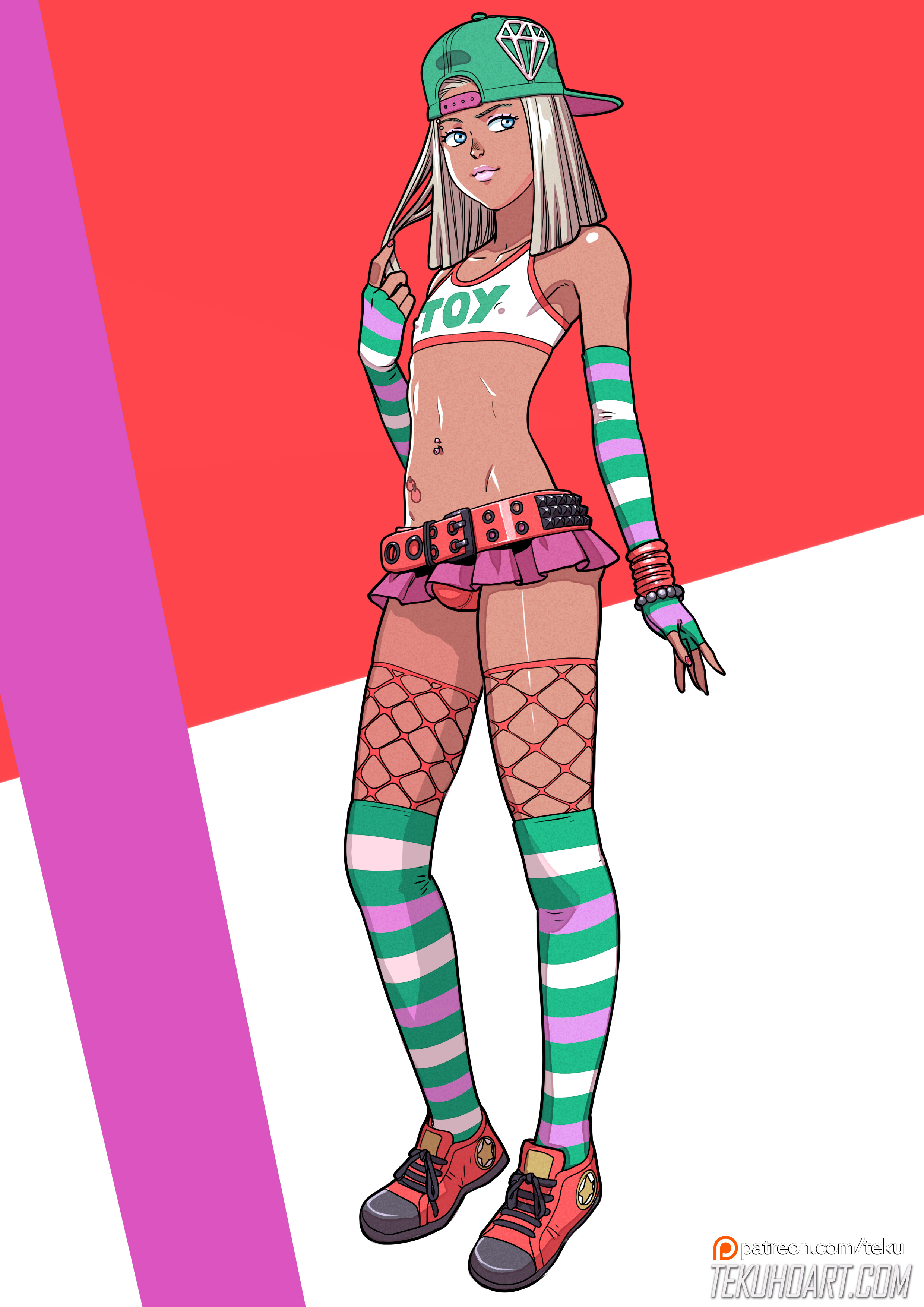 1boy, 1femboy, androgynous, balls, balls in panties, bimbo, blonde hair, blue eyes, bulge, candy (tekuho), crossdressing, dark skin, dark-skinned femboy, dark-skinned male, dark-skinned sissy, dark-skinned twink, eyeshadow, femboy, feminine male, fishnets, ganguro, girly, gyaru, kneehighs, lipstick, makeup, male, male only, microskirt, nail polish, nipple bulge, original, otokonoko, penis, penis bulge, penis in panties, penis under skirt, sexually suggestive, slut cap, solo, solo male, tan, teenager, tekuho, trap