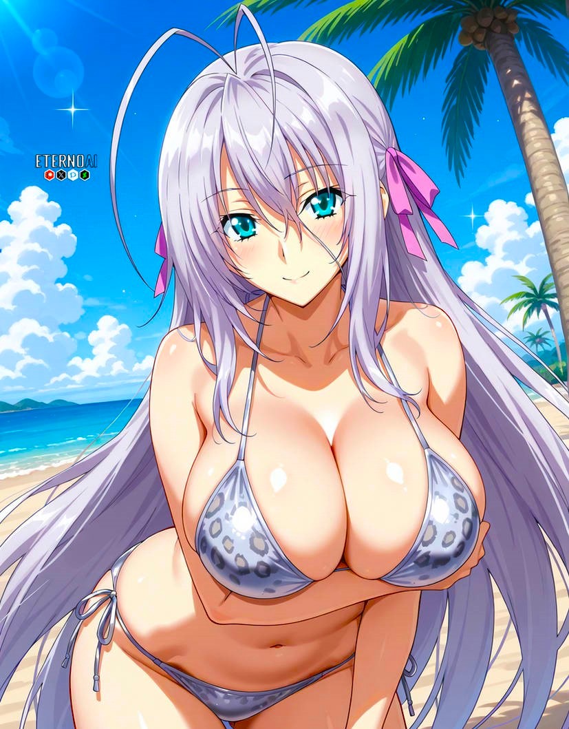 1girls, ai generated, anime, anime girl, anime style, babe, beach, beautiful background, beautiful females, big breasts, bikini, blue-eyed female, bodyguard, breasts, eternoai, fantasy, female, female only, grey hair, hair ribbon, heavenly face, high school dxd, huge breasts, large breasts, leaning forward, leopard print, light-skinned female, palm tree, perfect body, rossweisse, sand, seductive pose, sexy, smiling at viewer, solo, summer, sunlight, teacher, voluptuous