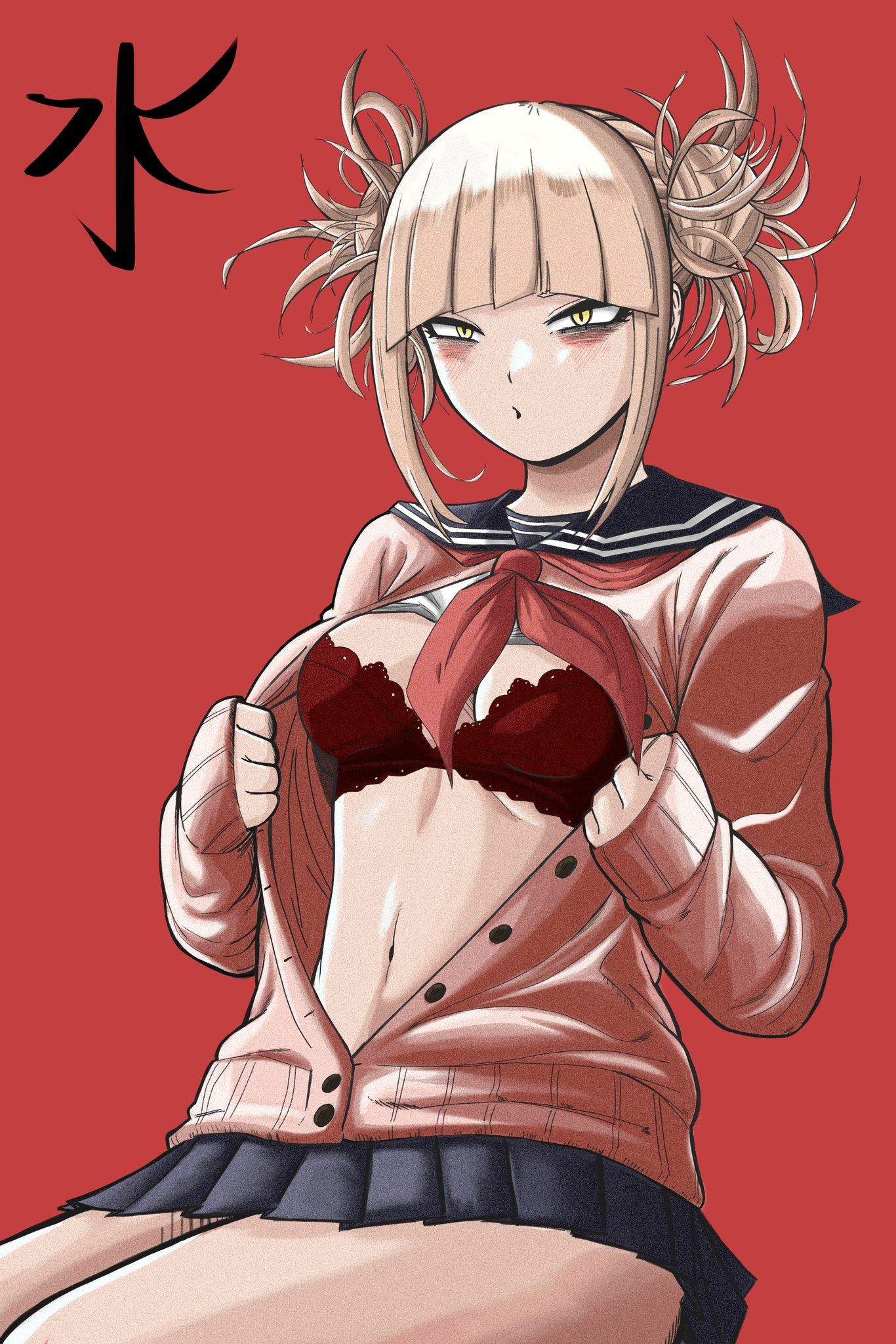 1girls, accurate art style, blonde, blonde girl, blonde hair, blonde-haired female, blue skirt, boku no hero academia, bra, breasts, clothed, colored, female, female only, himiko toga, lace bra, looking at viewer, medium breasts, mizutori, mizutori (artist), my hero academia, open clothes, open clothing, open shirt, pleated skirt, school uniform, schoolgirl, serafuku, shirt, shirt open, skirt, sole female, solo, solo female, toga himiko, yellow eyes, yellow-eyed female