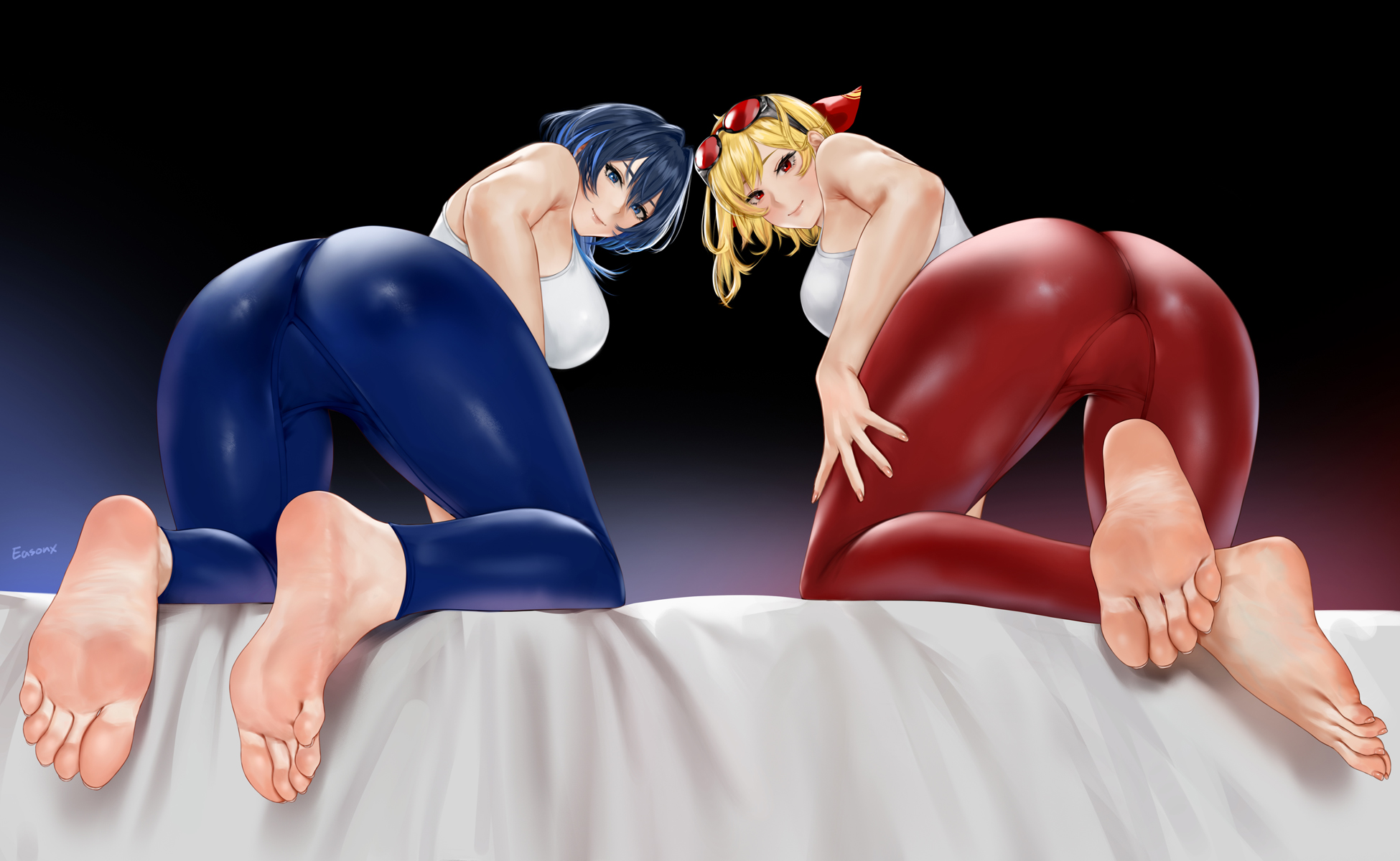 2girls, artist name, ass, bare shoulders, barefoot, blonde hair, blue eyes, blue hair, blue leggings, breasts, easonx, eyewear on head, feet, female, female only, foot fetish, from behind, hand on own thigh, hololive, hololive english, hololive english -council-, hololive english -promise-, hololive indonesia, hololive indonesia holoh3ro, kaela kovalskia, large breasts, leggings, looking at viewer, looking back, medium hair, multiple females, multiple girls, ouro kronii, red eyes, red leggings, smile, soles, streaked hair, toes, virtual youtuber