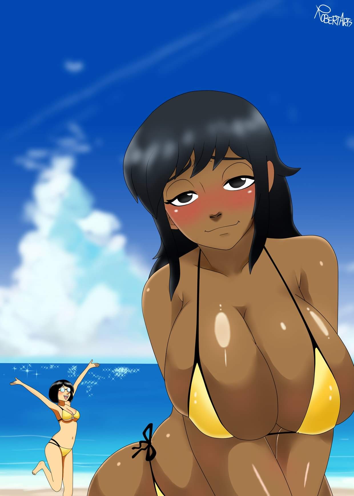 2girls bare_shoulders beach bedroom_eyes big_breasts bikini black_eyes black_hair blue_sky blush breast_squish breast_suppress breasts brown_eyes bursting_breasts cleavage cloud clouds dark-skinned_female dark_hair dark_skin duo eyewear female female_only front_view full_cleavage glasses half-closed_eyes happy hijude huge_breasts human long_breasts long_hair looking_at_viewer matching_hair/eyes multiple_girls ocean open_smile robertarts sea shiny_skin side-tie_bikini signature skindentation sky smile smirk soft_breasts string_bikini tagme tanned_skin water yellow_bikini