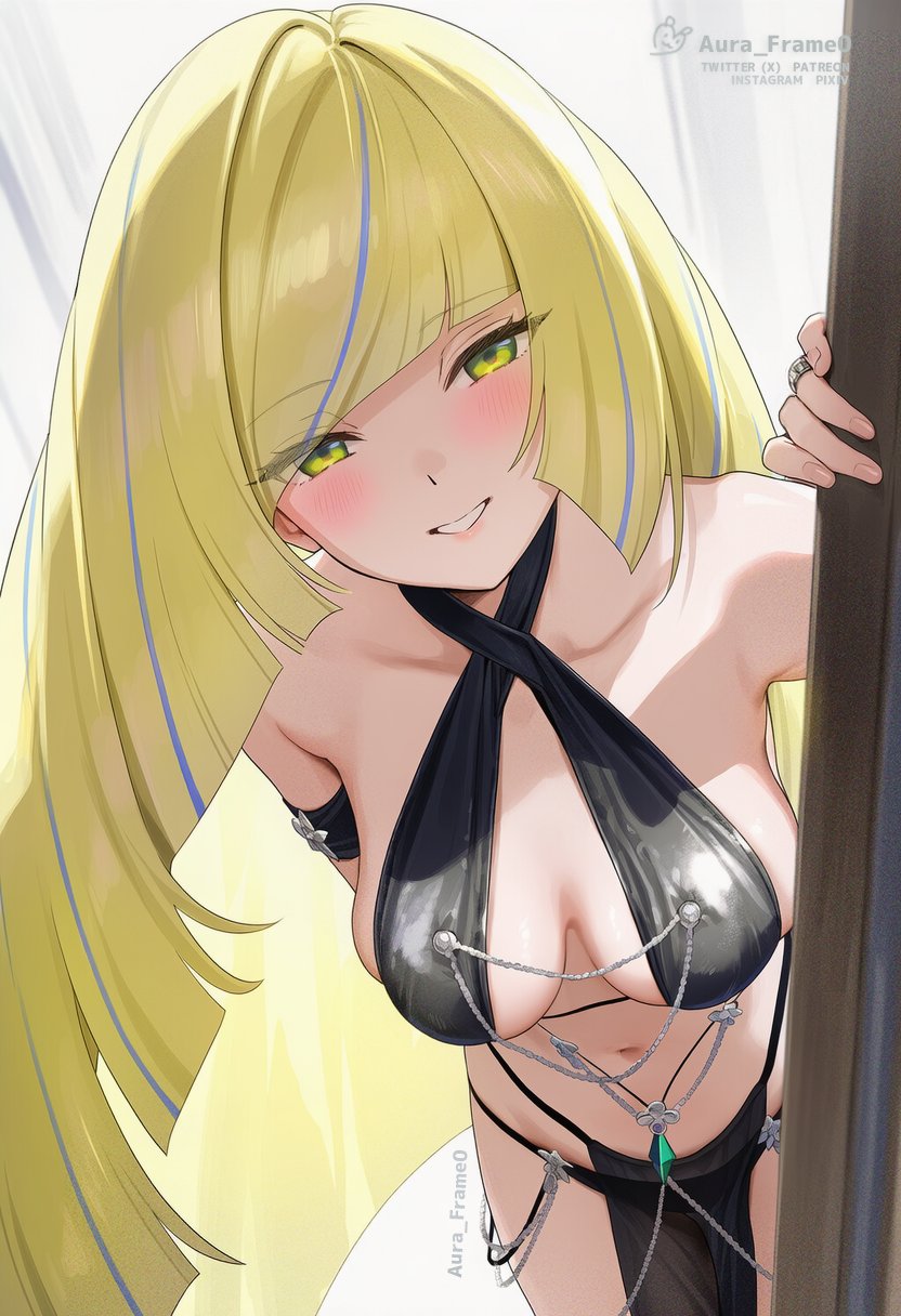 1girls, ai generated, alternate costume, blonde hair, breasts, female, green eyes, looking at viewer, lusamine (pokemon), nintendo, pokemon, pokemon sm, solo, solo female, yomorio lingerie