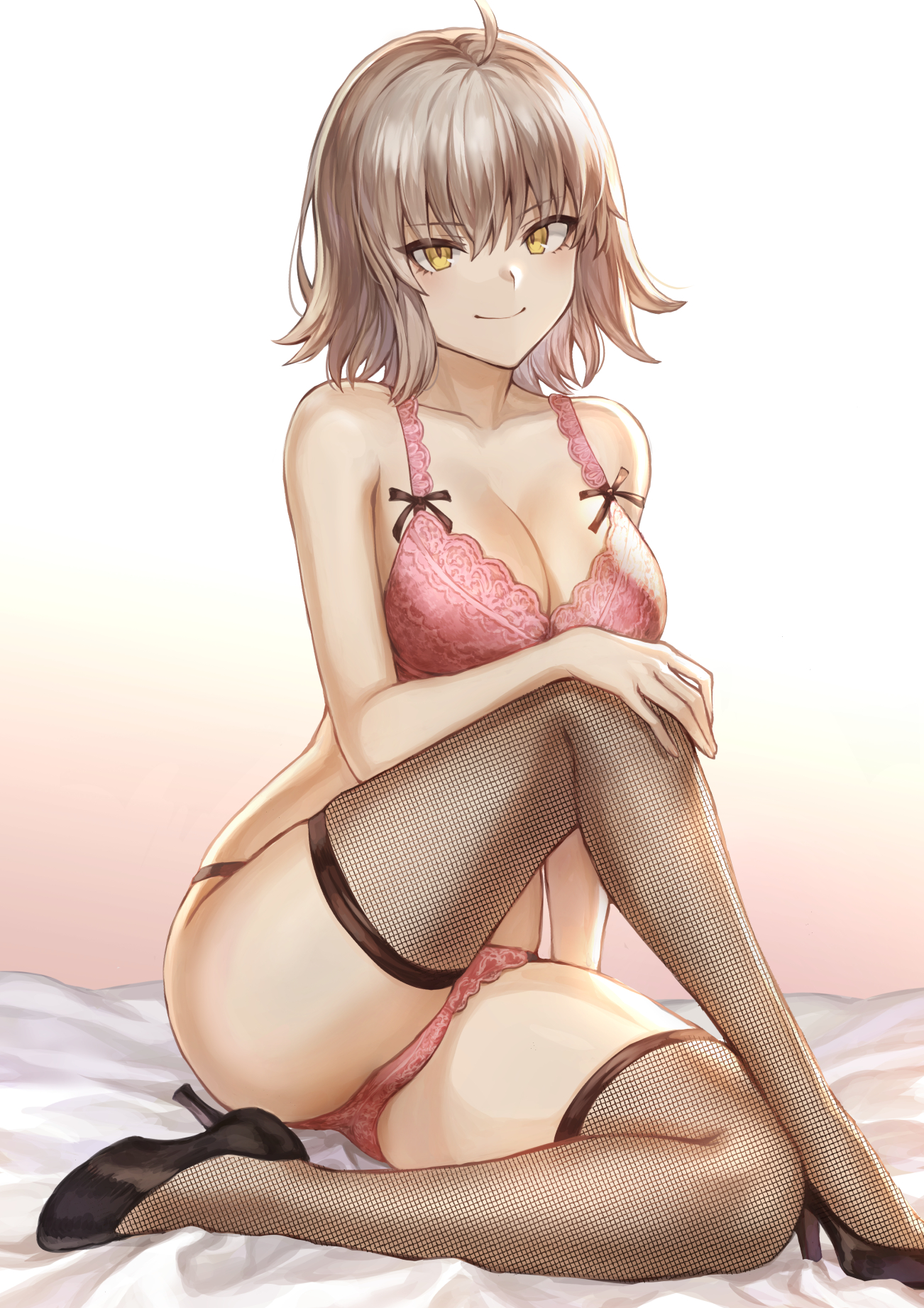 bra, breasts, cleavage, crossed legs, fate (series), fate/grand order, female, fishnet legwear, fishnet stockings, fishnets, high heels, jeanne alter, lingerie, looking at viewer, mashu 003, panties, pink bra, pink panties, smile, thighhighs, underwear, yellow eyes
