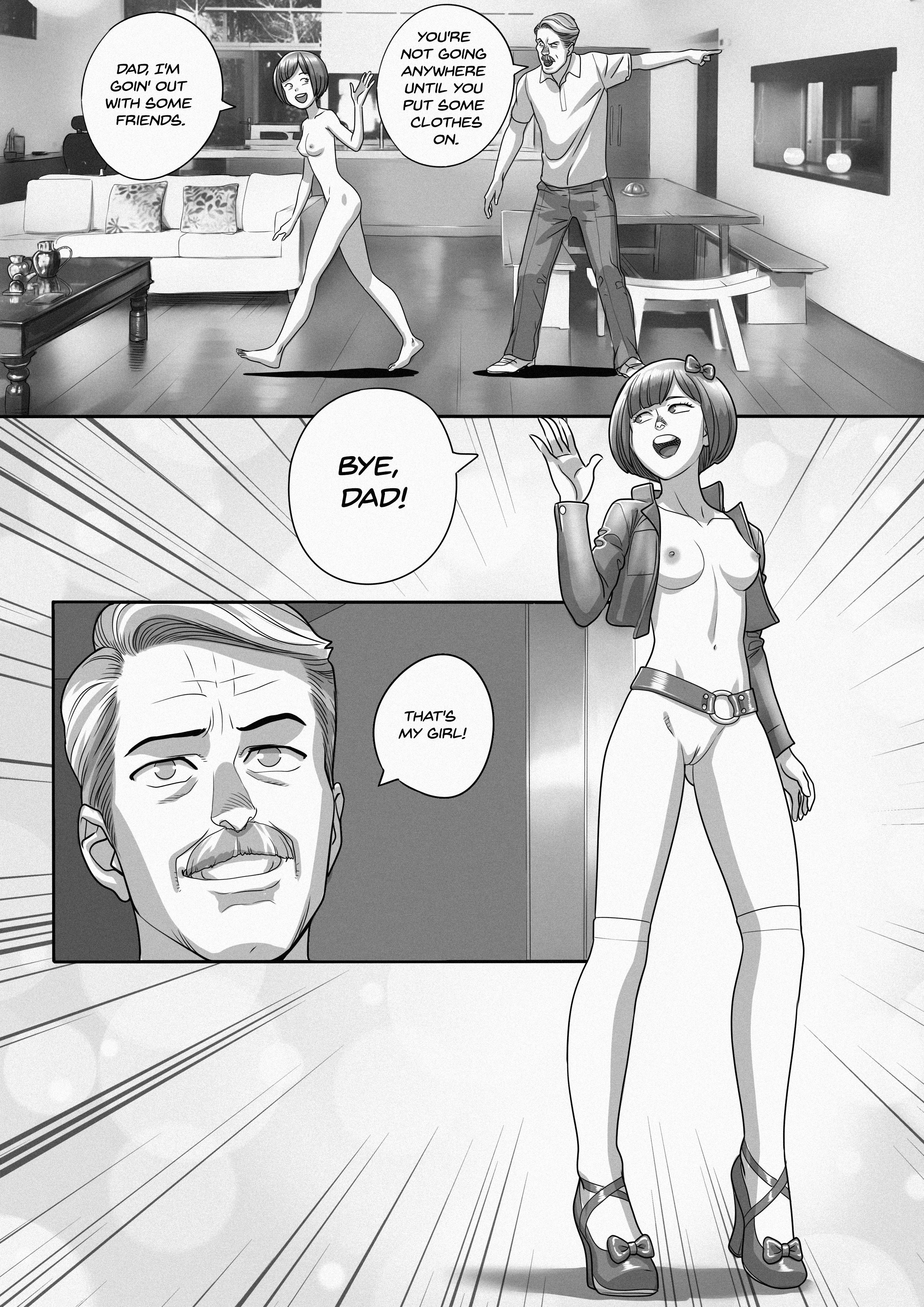 1boy, 1girls, black and white, bottomless, breasts, comic, daughter, english text, father, father and daughter, female, full body, funny, hair ribbon, half-dressed, high heels, jacket, kneehighs, male, monochrome, naked jacket, nipples, nude, pussy, revealing clothes, ribbon, short hair, standing, teenager, tekuho
