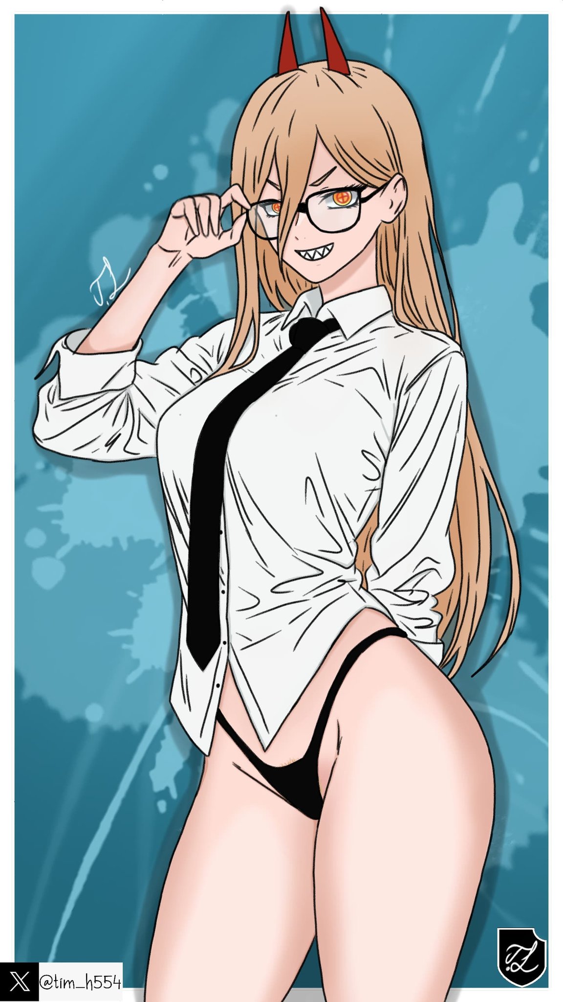1girls, blonde hair, chainsaw man, demon, demon girl, female, glasses, horns, logo, necktie, panty, power (chainsaw man), shirt, signature, tagme, tim heyderich, twitter username