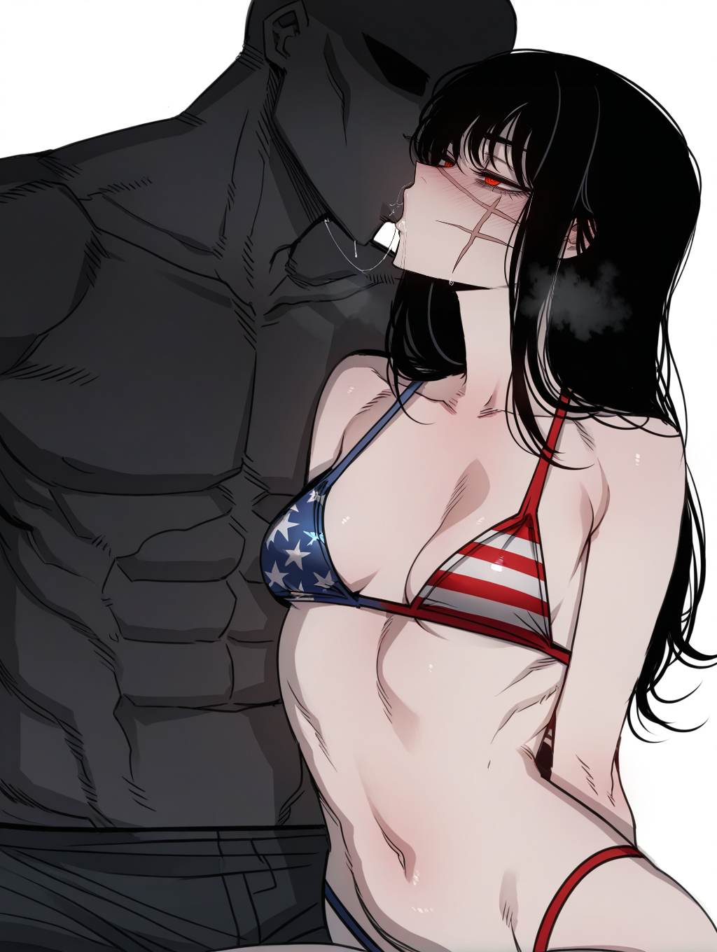 1boy, 1boy1girl, 1girls, american flag, american flag bikini, black hair, chainsaw man, cuckolding, dark-skinned male, demon, demon girl, devil, devil girl, female, heroine, interracial, japanese female, light-skinned female, mitaka asa, netorare, ntr, ringed eyes, scar, scar on face, spiral eyes, straight, yoru (chainsaw man)