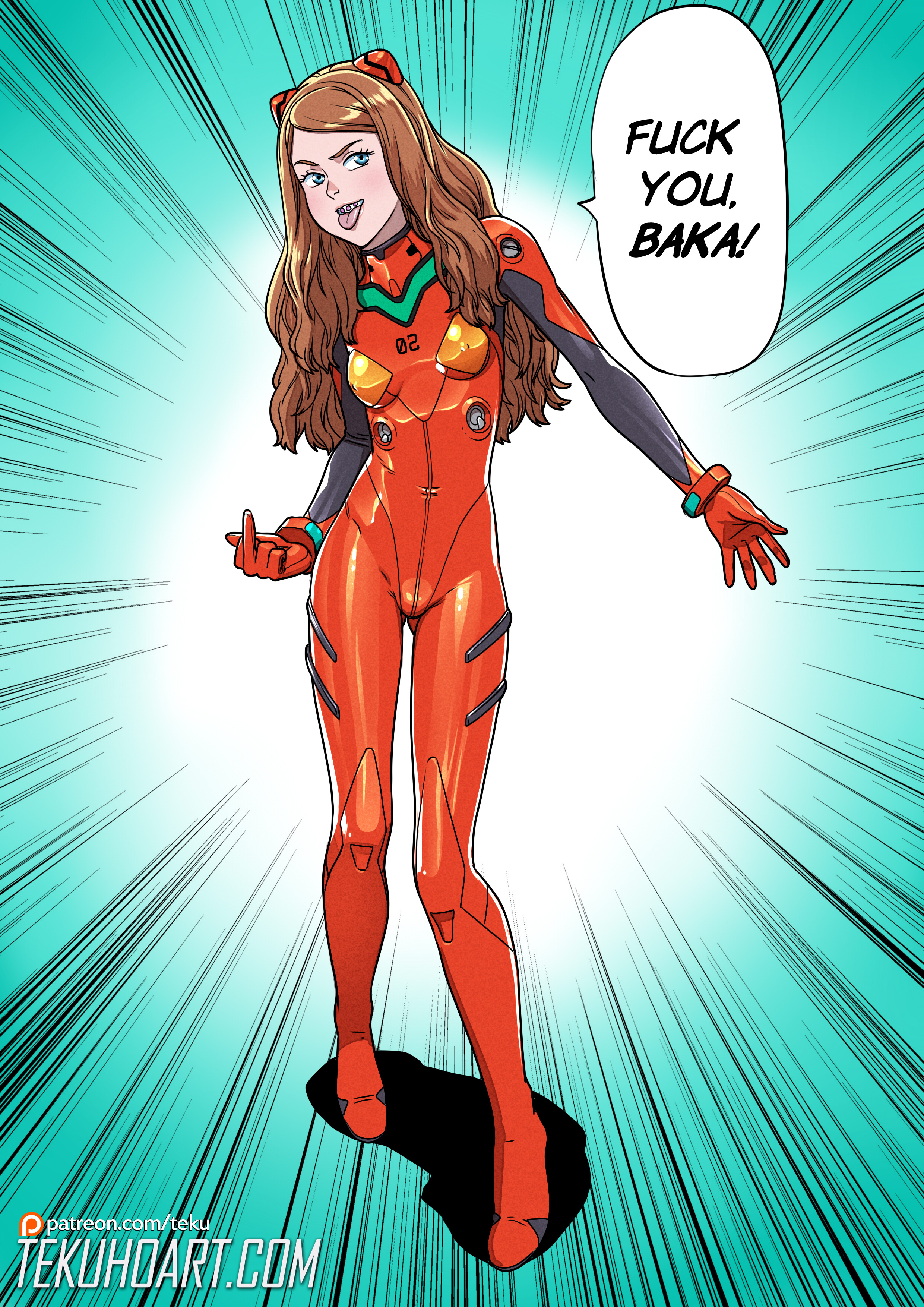 1girls, asuka langley sohryu (cosplay), blue eyes, blush, bodysuit, braces, breasts, brown hair, clothing, cosplay, covered nipples, english text, female, full body, looking at viewer, middle finger, neon genesis evangelion, nipple bulge, plugsuit, small breasts, solo, speech bubble, standing, talking to viewer, tammy (tekuho), teenager, tekuho, tongue, tongue out