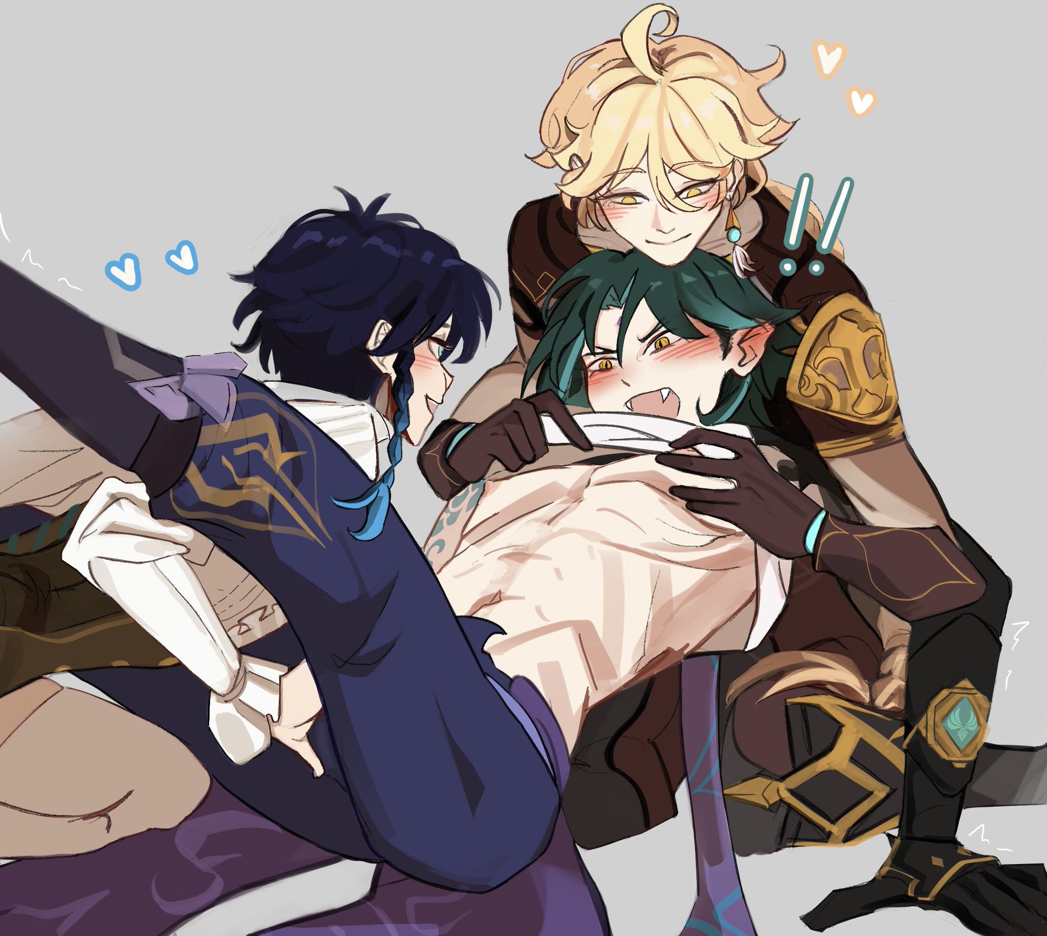 aether (genshin impact), ass focus, blonde hair, boy, boy on top, clothed, clothing, femboy, femboy on femboy, gay, genshin impact, golden eyes, green hair, lifting shirt, male, nipple play, nipples, threesome, tickle torture, tickling, venti (genshin impact), xiao (genshin impact), yaoi