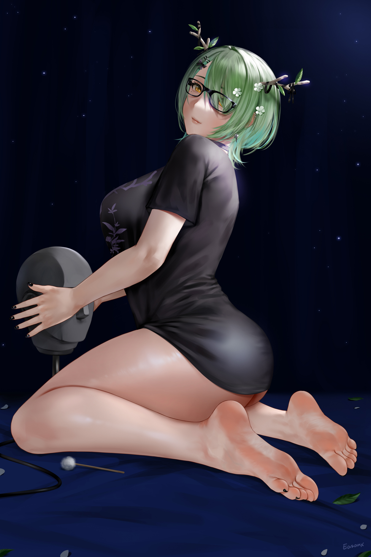 1girls, artist name, bare legs, bare thighs, barefoot, black nail polish, black nails, black shirt, black toenail polish, black toenails, breasts, ceres fauna, easonx, feet, female, female only, glasses, green hair, hair over one eye, hololive, hololive english, hololive english -council-, hololive english -promise-, large breasts, looking at viewer, medium hair, nail polish, soles, solo, thighs, toenail polish, toes, virtual youtuber, yellow eyes
