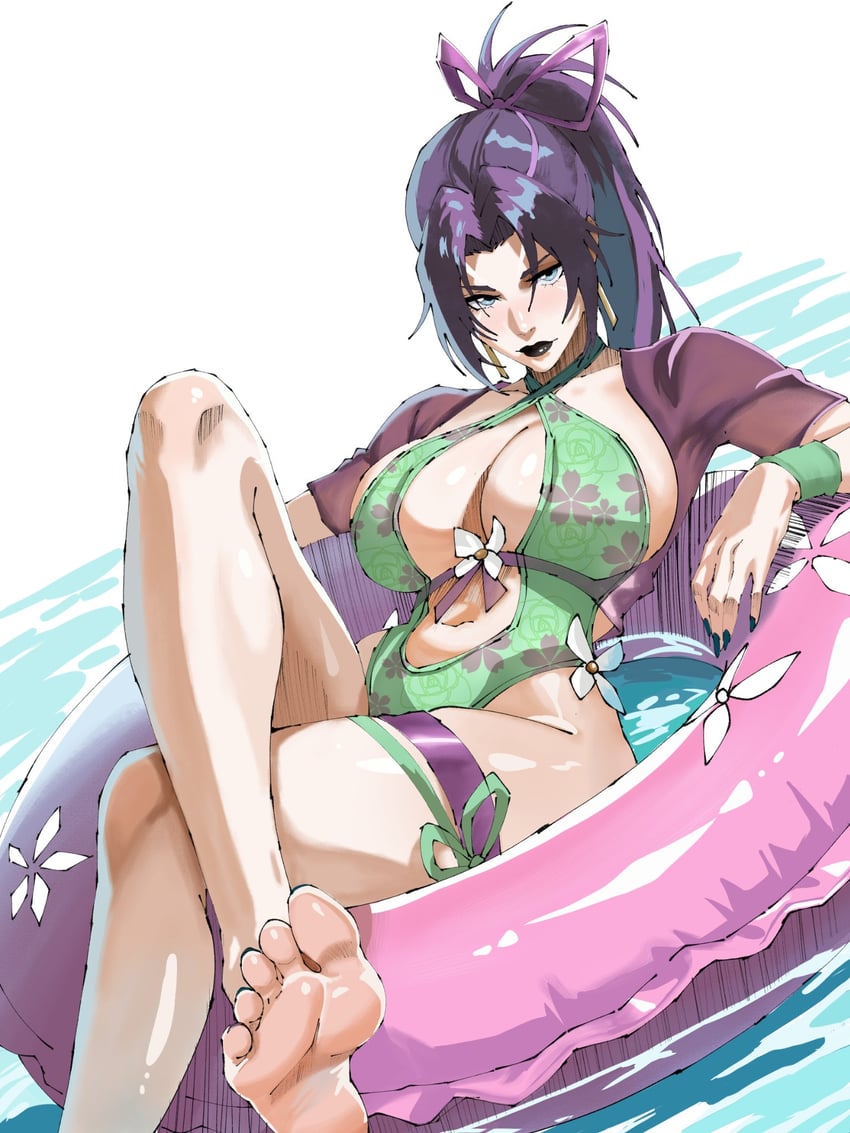1girls, barefoot, big breasts, breasts, butterfly ornament, cleavage, feet, female, green one-piece swimsuit, hair ribbon, large breasts, long hair, looking at viewer, lorna12155671, marvel, marvel comics, marvel rivals, mutant (marvel), one-piece swimsuit, ponytail, psylocke, psylocke (sai) (breezy butterfly), purple hair, ribbon, soles, swimsuit, thighs, toes, water, x-men