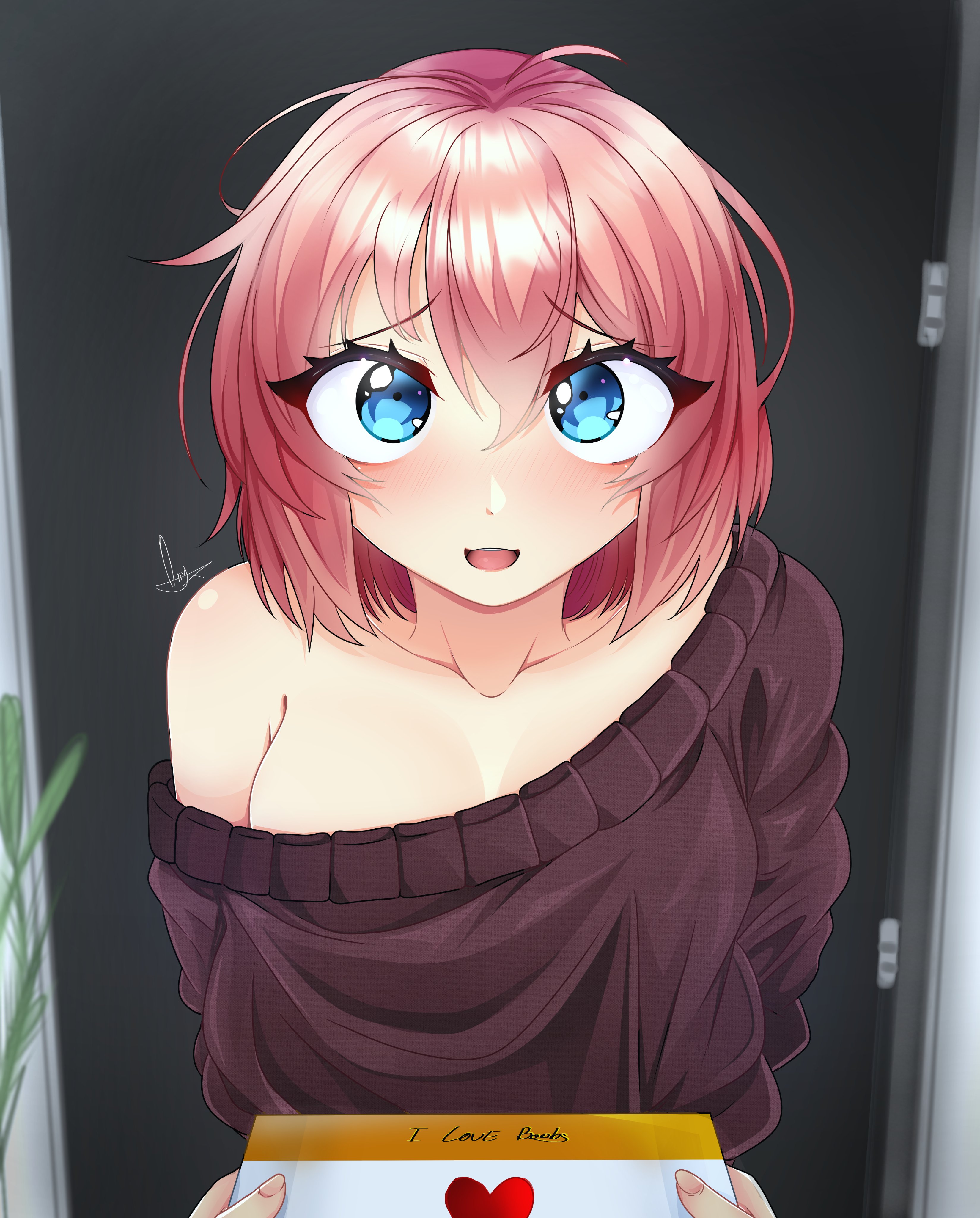 1girls, artist signature, bare shoulder, blue eyes, boobs, braless, breasts, collarbone, doki doki literature club, doorway, female, female focus, letter, love letter, mouth open, no bra, no bra under clothes, onyxvoyd, open mouth, sayori (doki doki literature club), signature, strawberry blonde hair, sweater