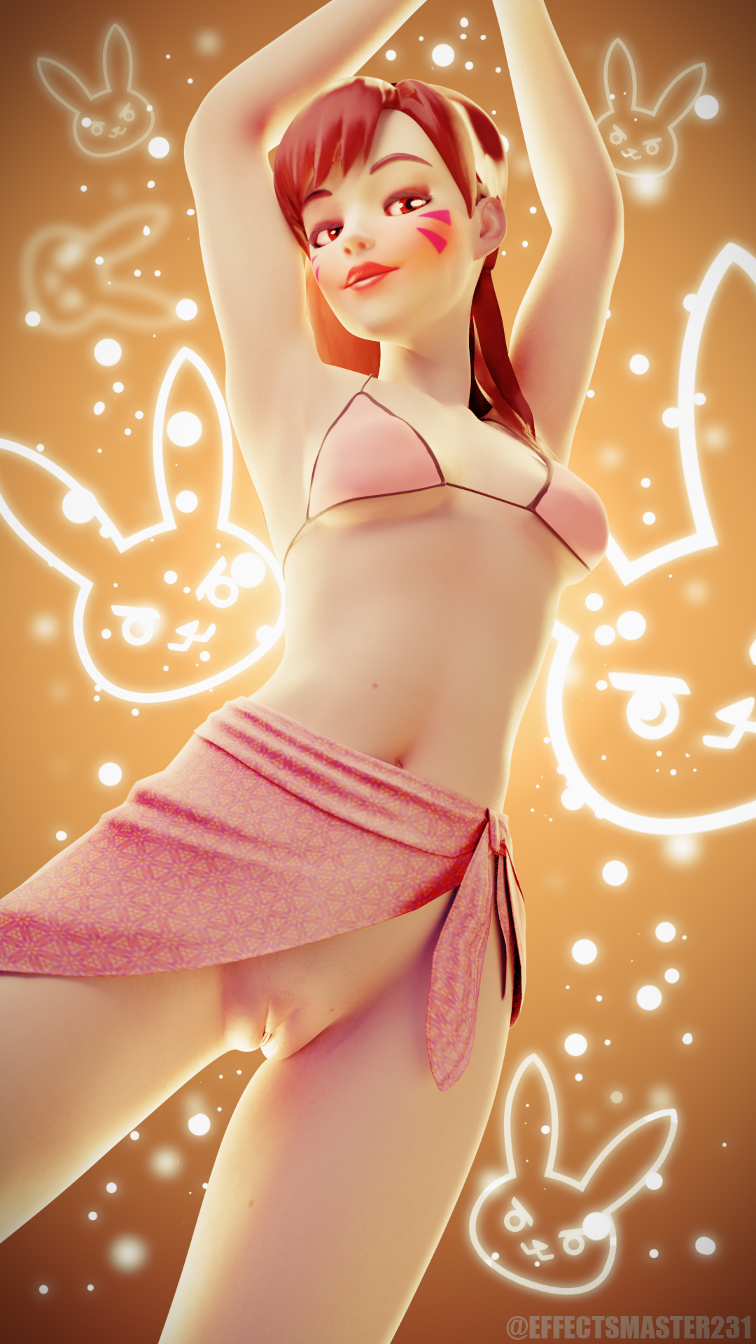 3d, armpits, arms above head, arms up, bikini top, blender, d.va, effectsmaster231, female, looking at viewer, looking down, overwatch, pussy