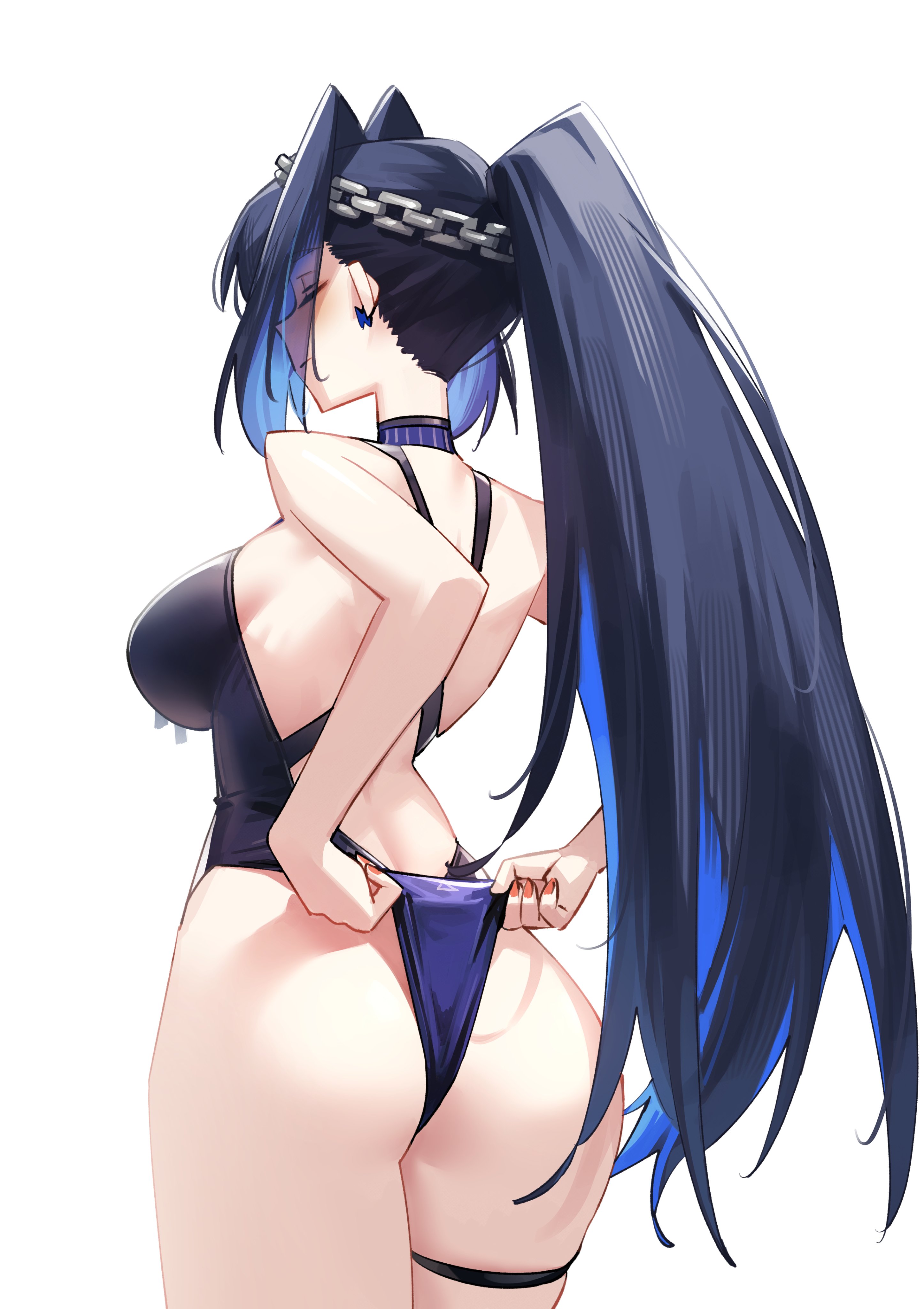 1girls, 2025, absurd res, absurdres, adarin, arms behind back, ass, back, back view, big ass, blue hair, breasts, closed eyes, dark hair, facing away, female, female only, hair intakes, hi res, high resolution, highres, hololive, hololive english, hololive english -council-, hololive english -promise-, hourglass figure, huge ass, long hair, looking away, one-piece swimsuit, ouro kronii, ouro kronii (holonatsu paradise outfit), panties, ponytail, sideboob, simple background, solo, solo female, standing, straight, swimsuit, tagme, virtual youtuber, white background