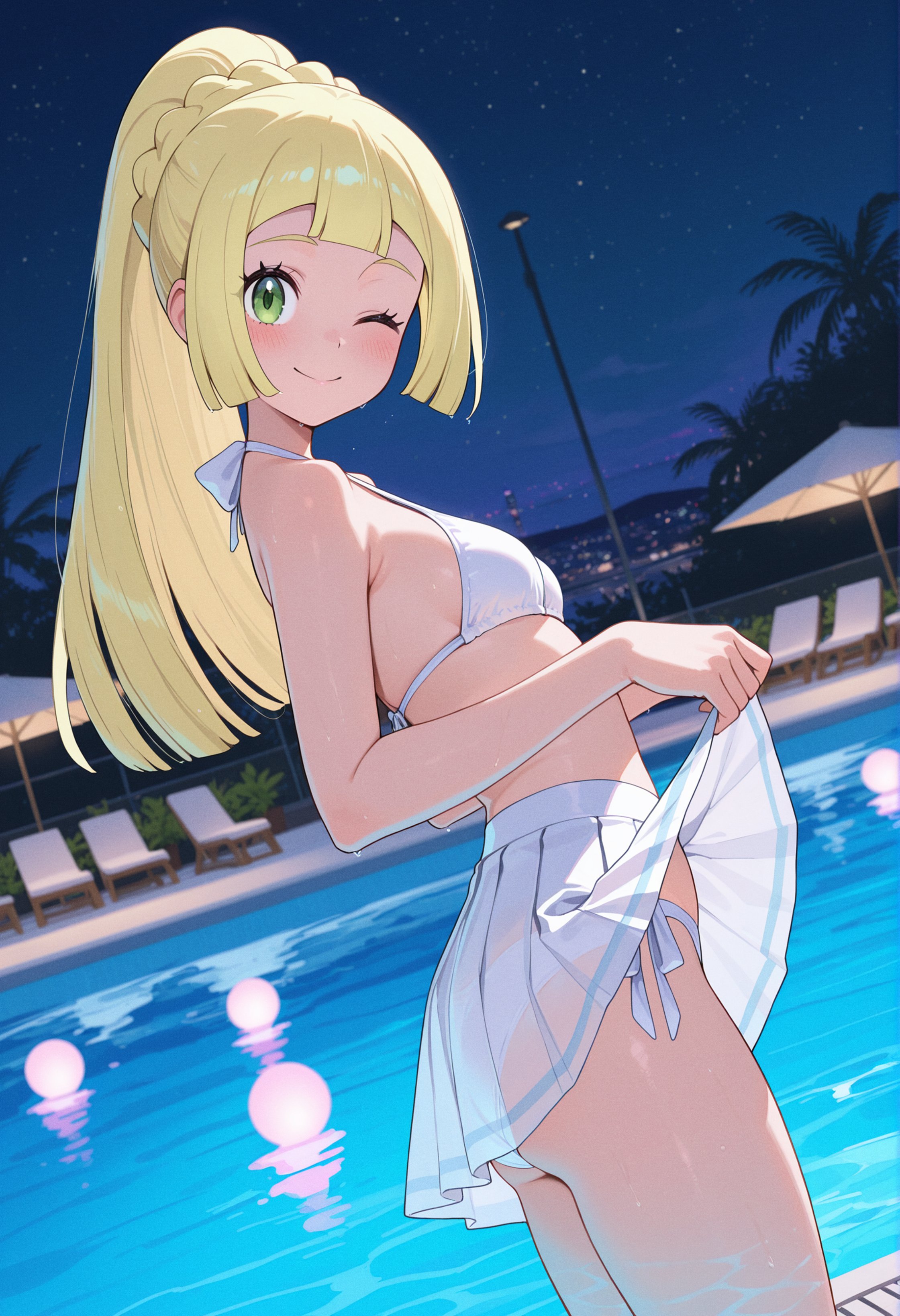 ai generated, bangs, bikini, blonde hair, blush, braid, breasts, female, green eyes, lillie (pokemon), long hair, looking at viewer, night, night sky, nintendo, ocean, one eye closed, outdoors, owari wan, palm tree, pokemon, pokemon sm, ponytail, sarong, see-through, side-tie bikini, skirt, sky, small breasts, smile, solo, star (sky), starry sky, swimsuit, tree, water, white bikini, white skirt