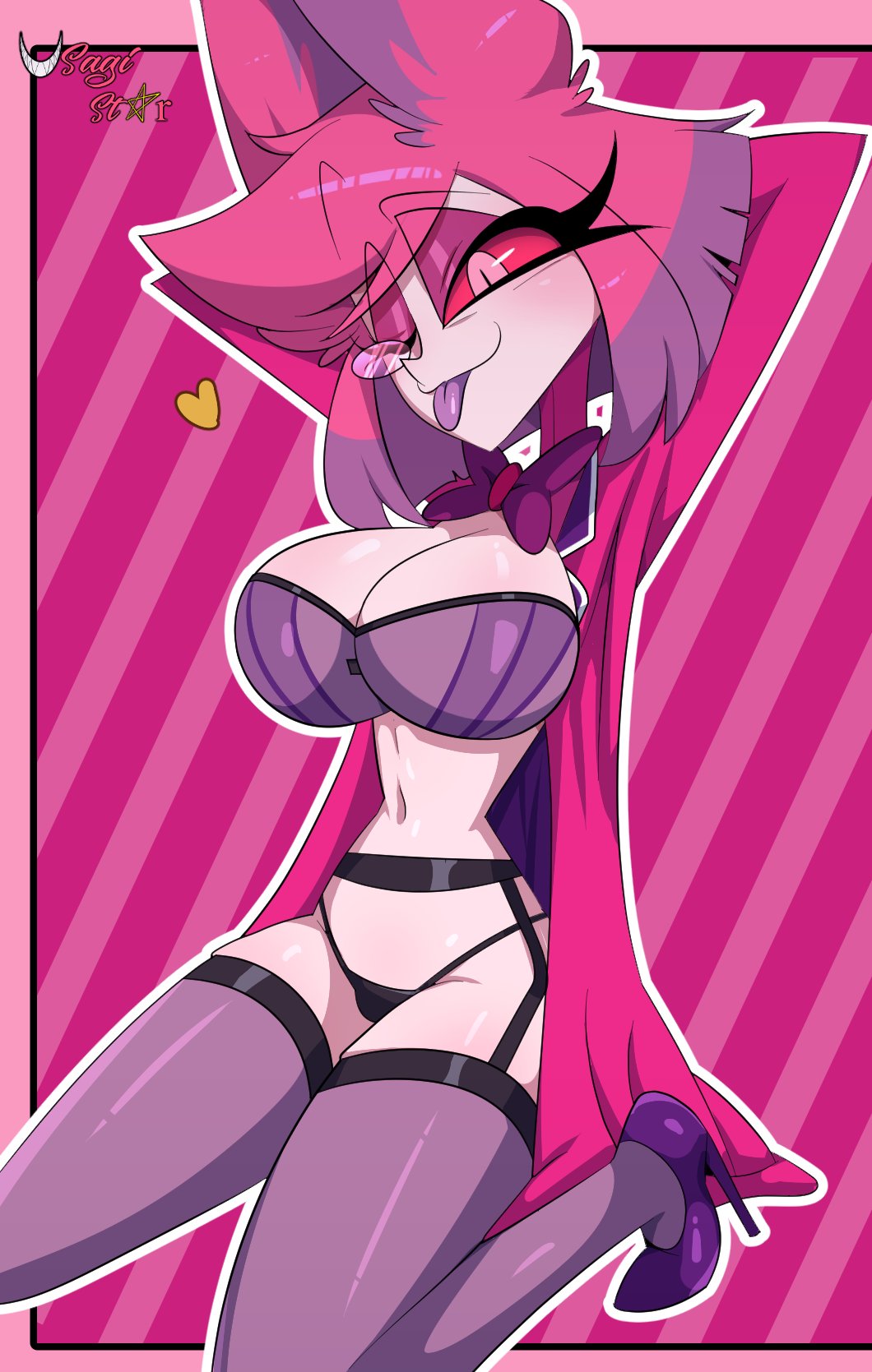 alastor (hazbin hotel), alastoria (hazbin hotel), big breasts, big titties, black panties, blouse partially removed, bowtie, breasts, cleavage, clothed, clothing, female, female alastor, hazbin hotel, heart, rule 63, solo, thick thighs, thighhighs, tongue, tongue out, usagi star, wink, winking at viewer