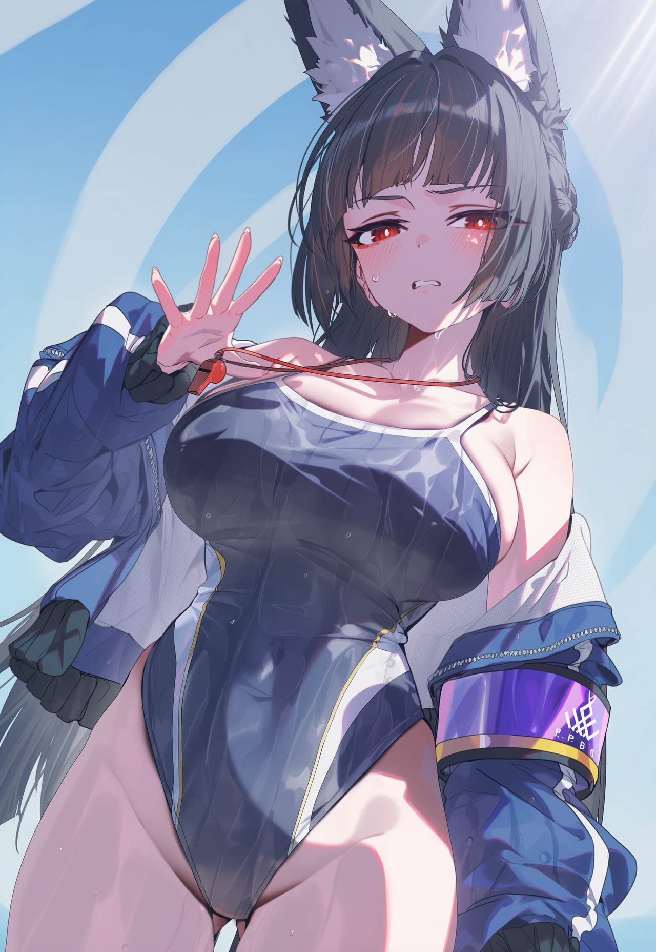 1girls, ai generated, animal ears, ass visible through thighs, bangs, bare shoulders, big breasts, black hair, black swimsuit, breasts, competition swimsuit, female, fox ears, highleg, highleg swimsuit, hoshimi miyabi, jacket, large breasts, long hair, long sleeves, looking at viewer, one-piece swimsuit, red eyes, solo, swimsuit, wet, yuneillusts, zenless zone zero