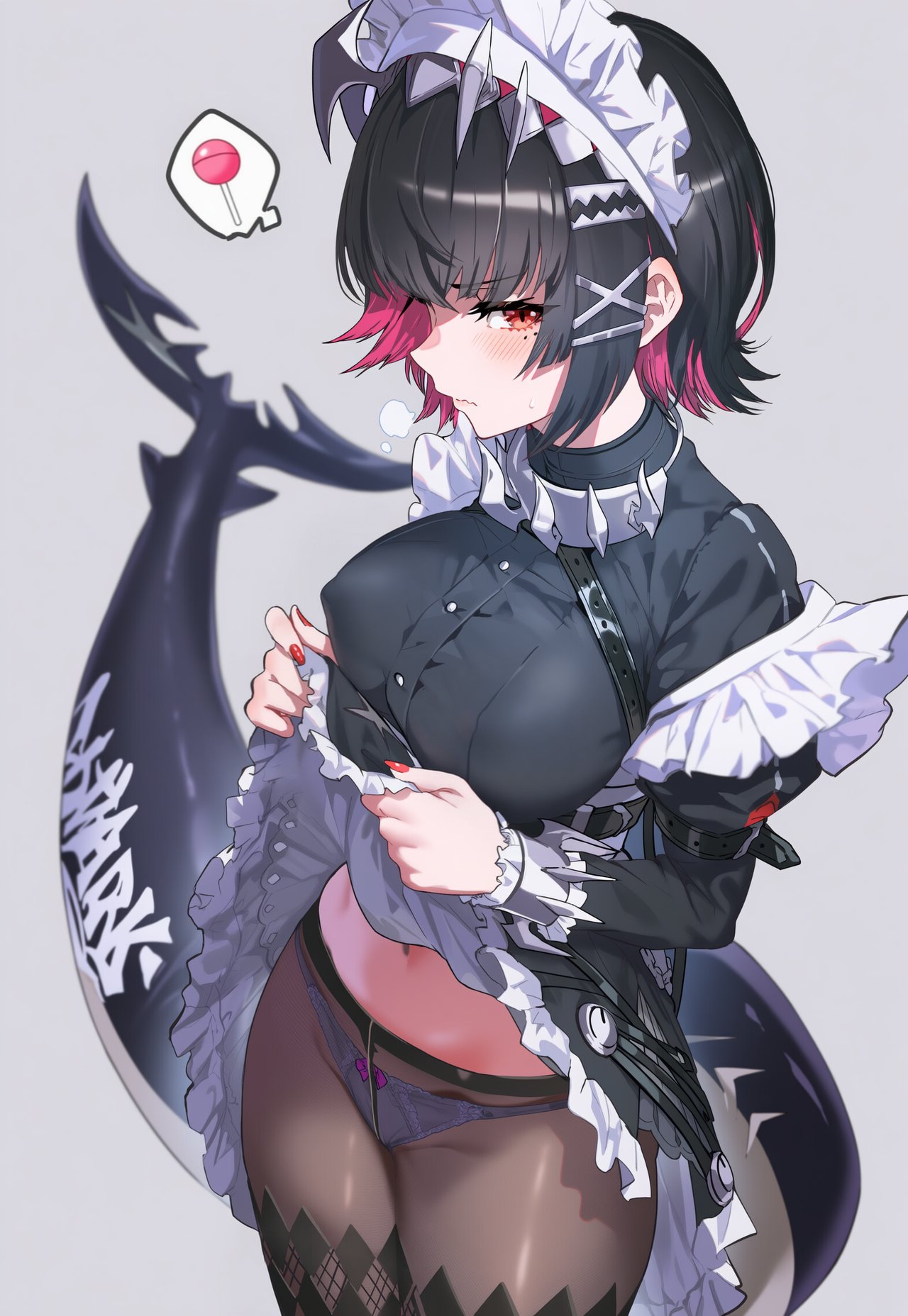 1girls, ai generated, black dress, black hair, black legwear, black panties, blush, blushing, blushing female, breasts, dress, dress lift, ellen joe, female, female only, frills, grey background, hair ornament, huge breasts, kemonomimi, lace, lifted by self, lifting skirt, maid, maid headdress, maid uniform, multicolored hair, nail polish, navel, panties, panties under pantyhose, pantyhose, puffy sleeves, red eyes, red hair, red-eyed female, shark girl, shark tail, short hair, short-haired female, skirt lift, sole female, solo, streaked hair, two-tone hair, underwear, white panties, yuneillusts, zenless zone zero