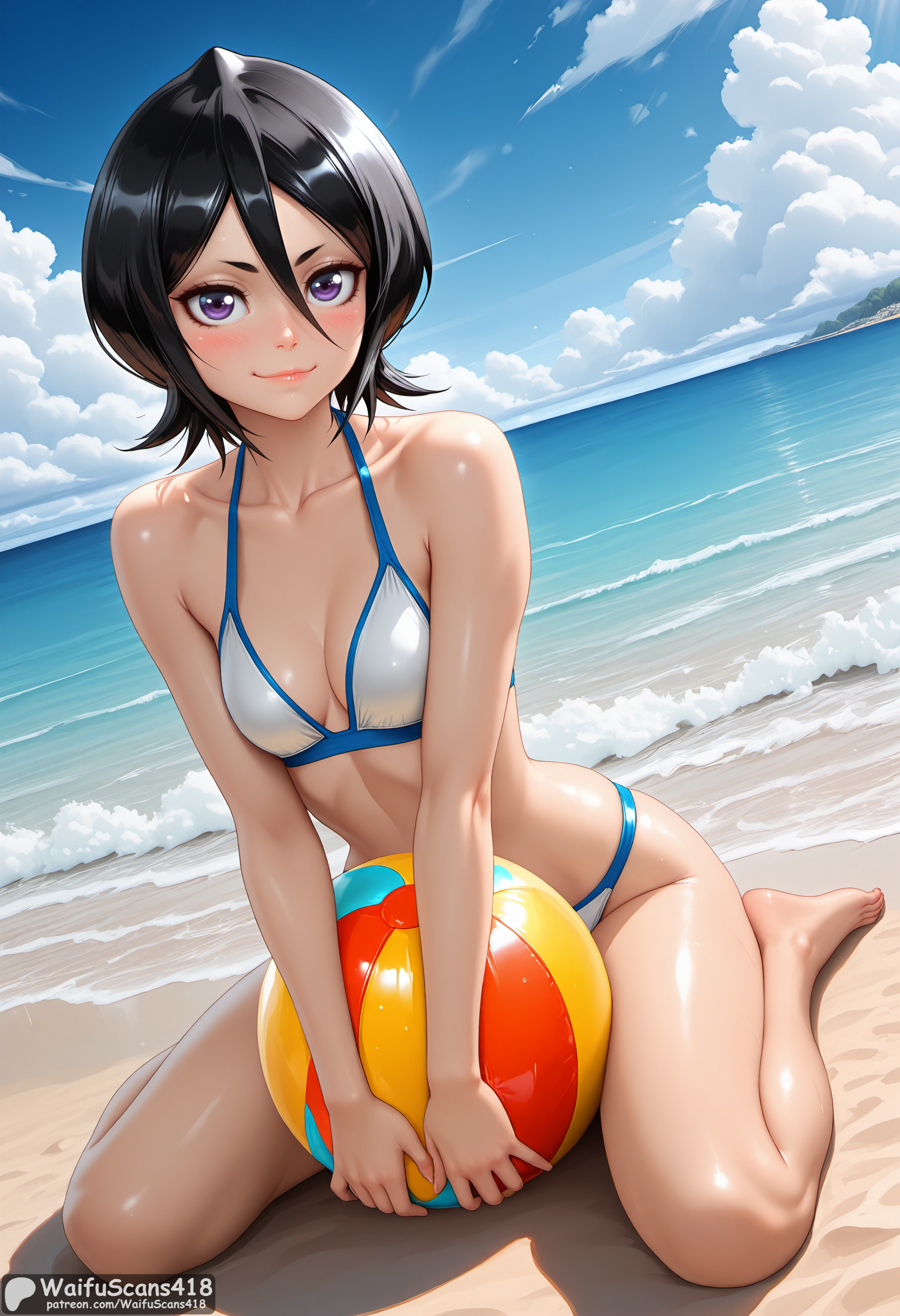 1girls, ai generated, ball, barefoot, beach, beachball, bikini, black hair, bleach, blue sky, blush, breasts, cloud, collarbone, day, female, female only, hair between eyes, high resolution, highres, kuchiki rukia, light-skinned female, looking at viewer, ocean, outdoors, patreon username, purple eyes, sand, shiny, shiny skin, short hair, sitting, sky, small breasts, smile, solo, stable diffusion, swimsuit, waifuscans418, wariza, watermark, web address, white bikini