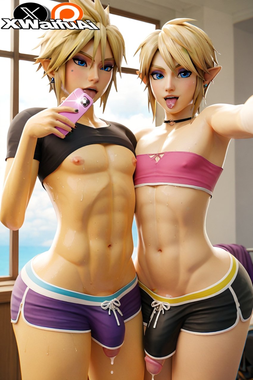 2boys, 3d, ai generated, ass, blonde hair, cloud strife, crop top, cute male, dolphin shorts, femboy, femboy only, final fantasy, flat chest, flat chested, gay, gay male, gay sex, huge ass, lifting shirt, link, link (breath of the wild), link (tears of the kingdom), looking at viewer, male, male only, nintendo, selfie, sexy, sissification, sissy, square enix, thick thighs, video games, xwaifuai