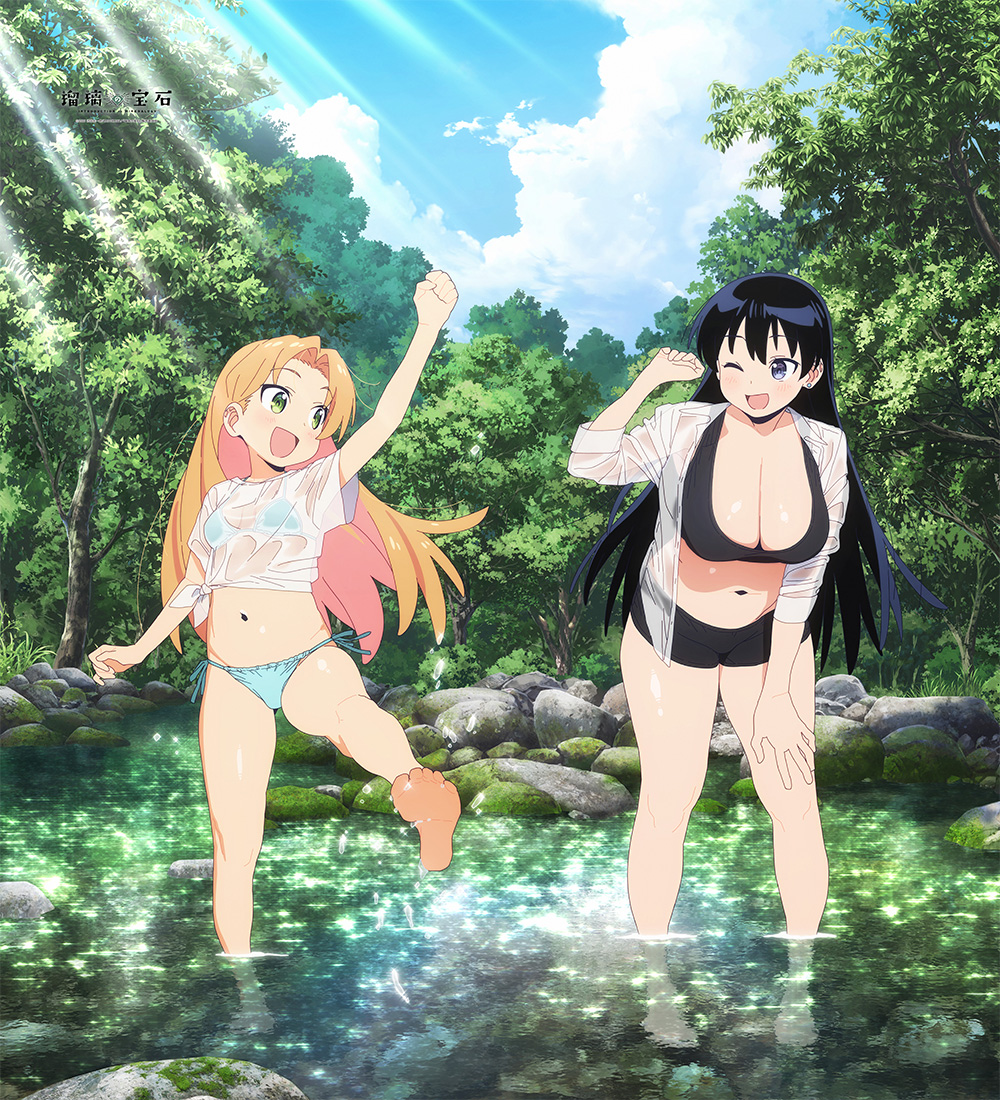 ;d, :d, 2girls, aqua bikini, arato nagi, arm up, bikini, black hair, black panties, black sports bra, blonde hair, blue eyes, boyshort panties, breasts, cleavage, different breast sizes, earrings, feet in water, female, female focus, female only, forest, fujii shingo, full body, green eyes, hand on own thigh, huge breasts, huge cleavage, jewelry, large breasts, leaning forward, legs, light skin, light-skinned female, long hair, looking at another, lowleg, lowleg bikini, merchandise, merchandise available, multiple females, multiple girls, nature, navel, official art, official style, older female, older female and younger female, one eye closed, open clothes, open mouth, open shirt, orange hair, outdoors, panties, ruri no houseki, see-through clothes, see-through shirt, shirt, side-tie bikini bottom, small breasts, smile, smiling, sports bra, standing, standing on one leg, stomach, stream, summer, swimsuit, tanigawa ruri, thick thighs, thighs, tied shirt, underwear, voluptuous female, wading, water, wet, wet clothes, wet shirt, younger female