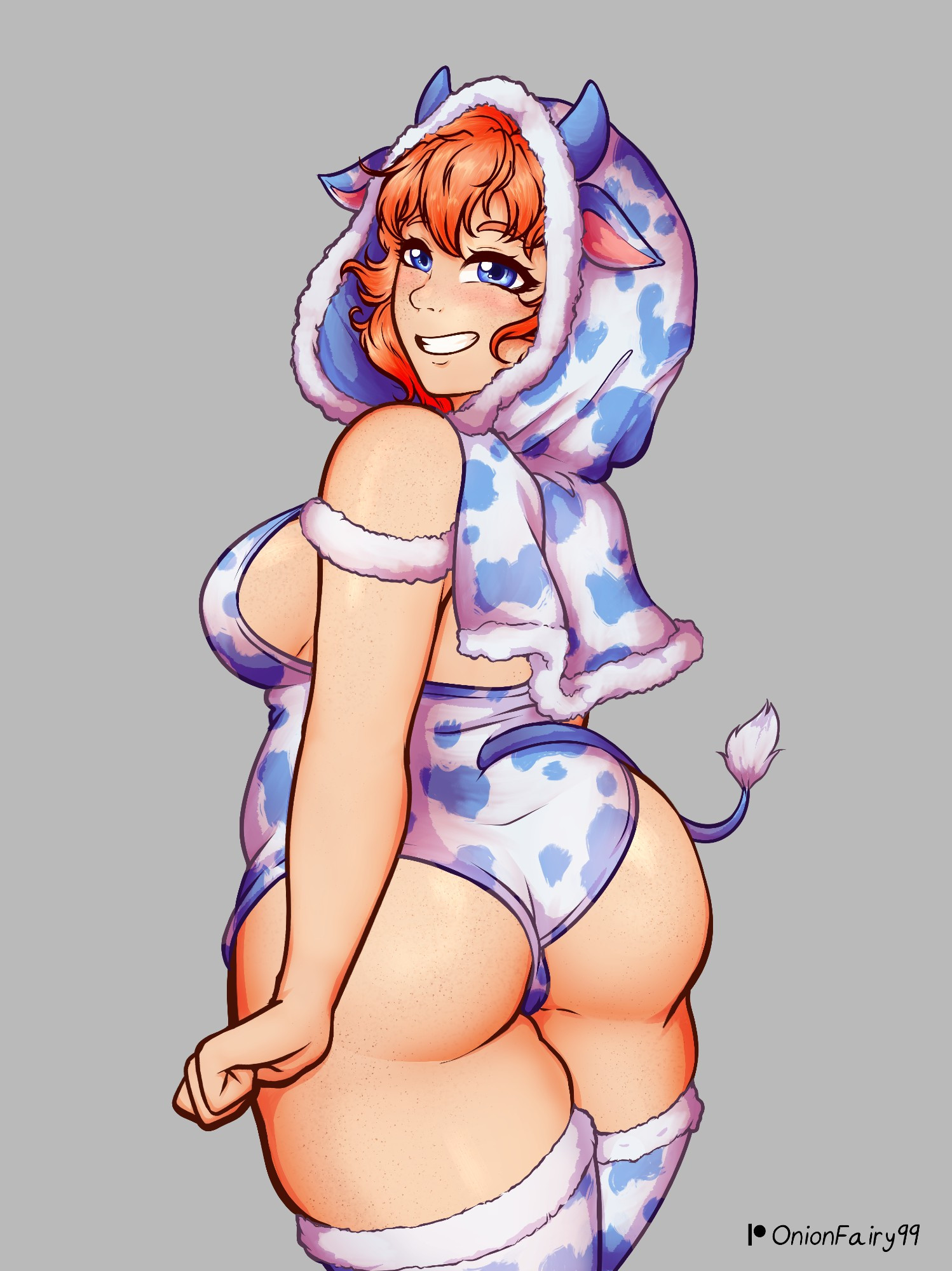 1girls, animal ears, animal tail, artist name, ass, blue eyes, boobs, breasts, butt, cow ears, cow horns, cow print, cow tail, doki doki literature club, female, hood, hood up, onionfairy99, onionfairylewds, sayori (doki doki literature club), sideboob, strawberry blonde hair