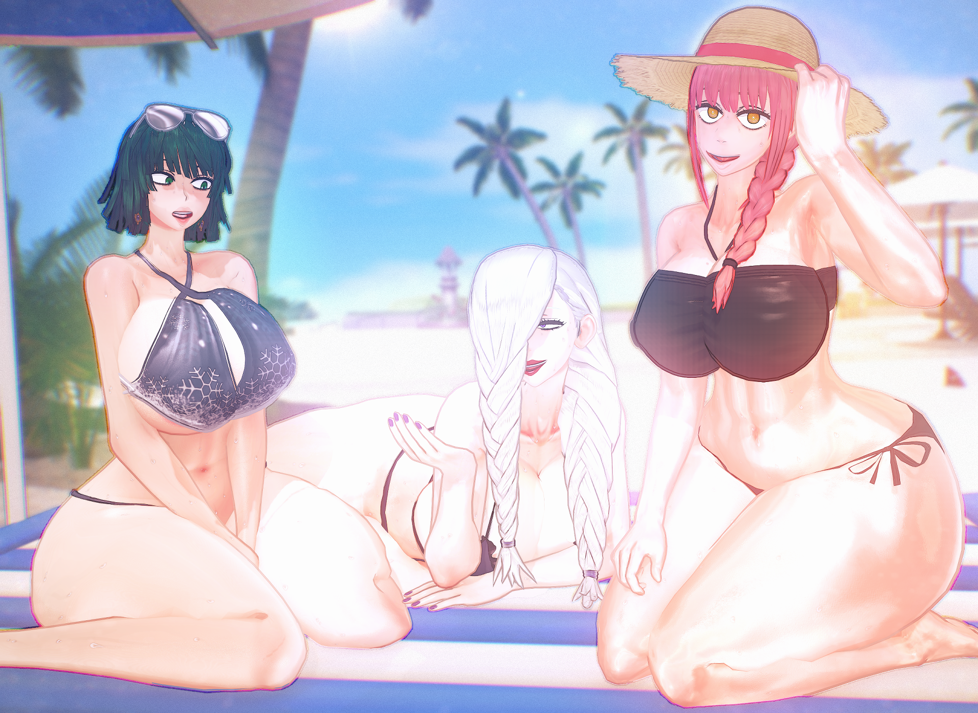 3d, 3d model, 3girls, beach, belly, belly button, chainsaw man, female, fubuki (one-punch man), green hair, jujutsu kaisen, kiminodonuts, koikatsu, lips, looking at viewer, makima (chainsaw man), mei mei (jujutsu kaisen), nipple bulge, one-punch man, palm tree, red hair, round breasts, smiling, swimsuit, swimwear, thick ass, thick hips, thick legs, thick lips, thick thighs, thin waist, toned body, toned stomach, white hair, yellow eyes