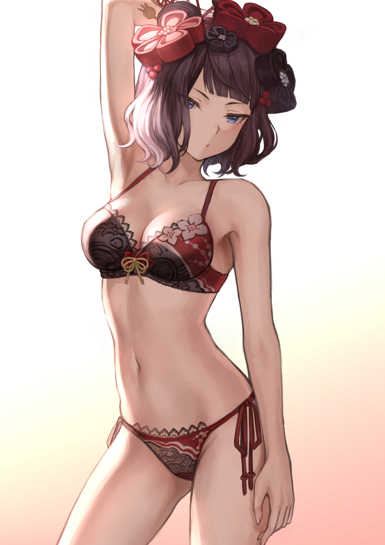 1girls, arm behind head, blue eyes, bra, fate (series), fate/grand order, female, katsushika hokusai (fate), lingerie, looking at viewer, mashu 003, panties, posing, purple hair, side-tie panties, solo, solo focus, underwear