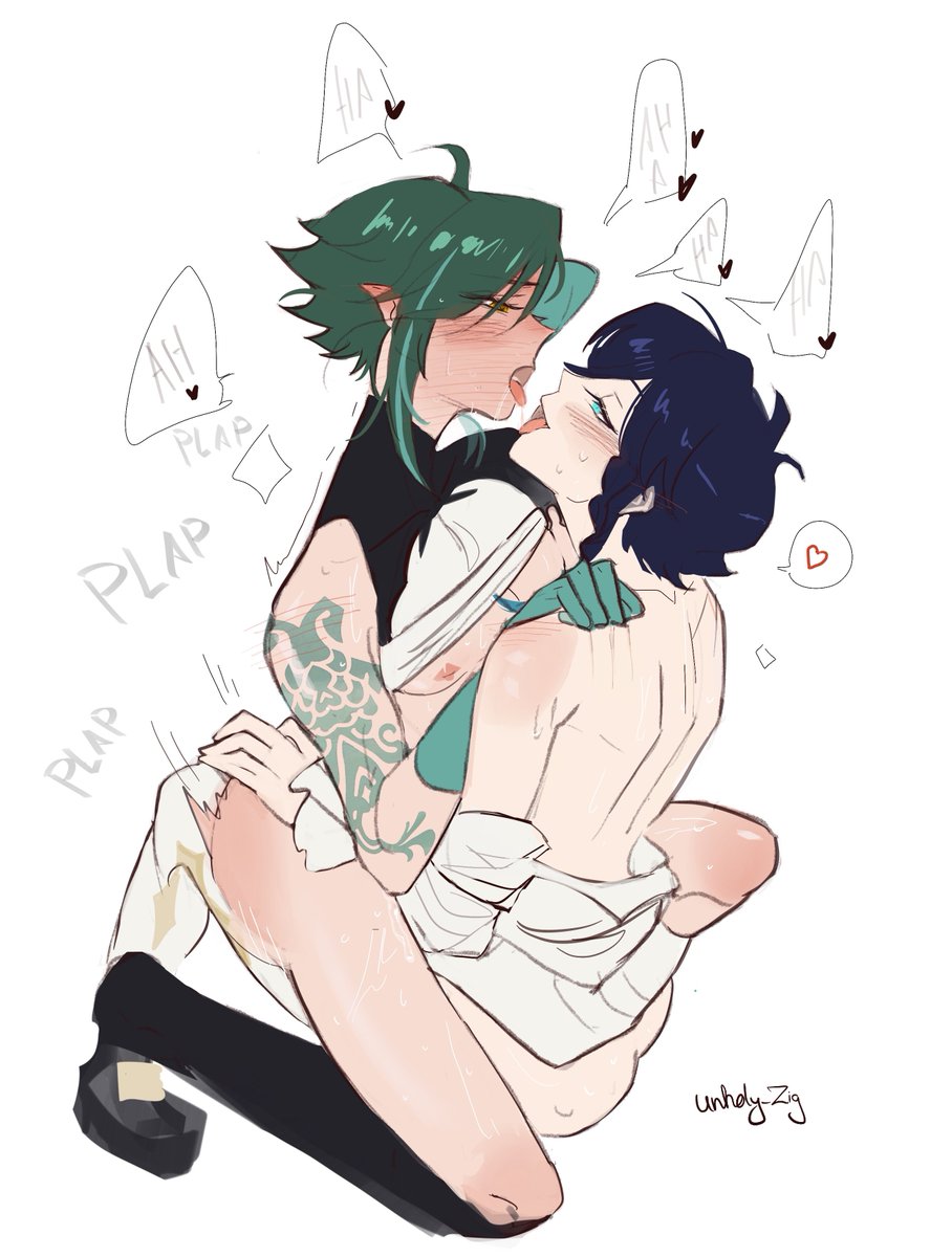 boy, duo, gay, genshin impact, golden eyes, green hair, male, male only, multiple boys, multiple males, venti (genshin impact), xiao (genshin impact), yaoi