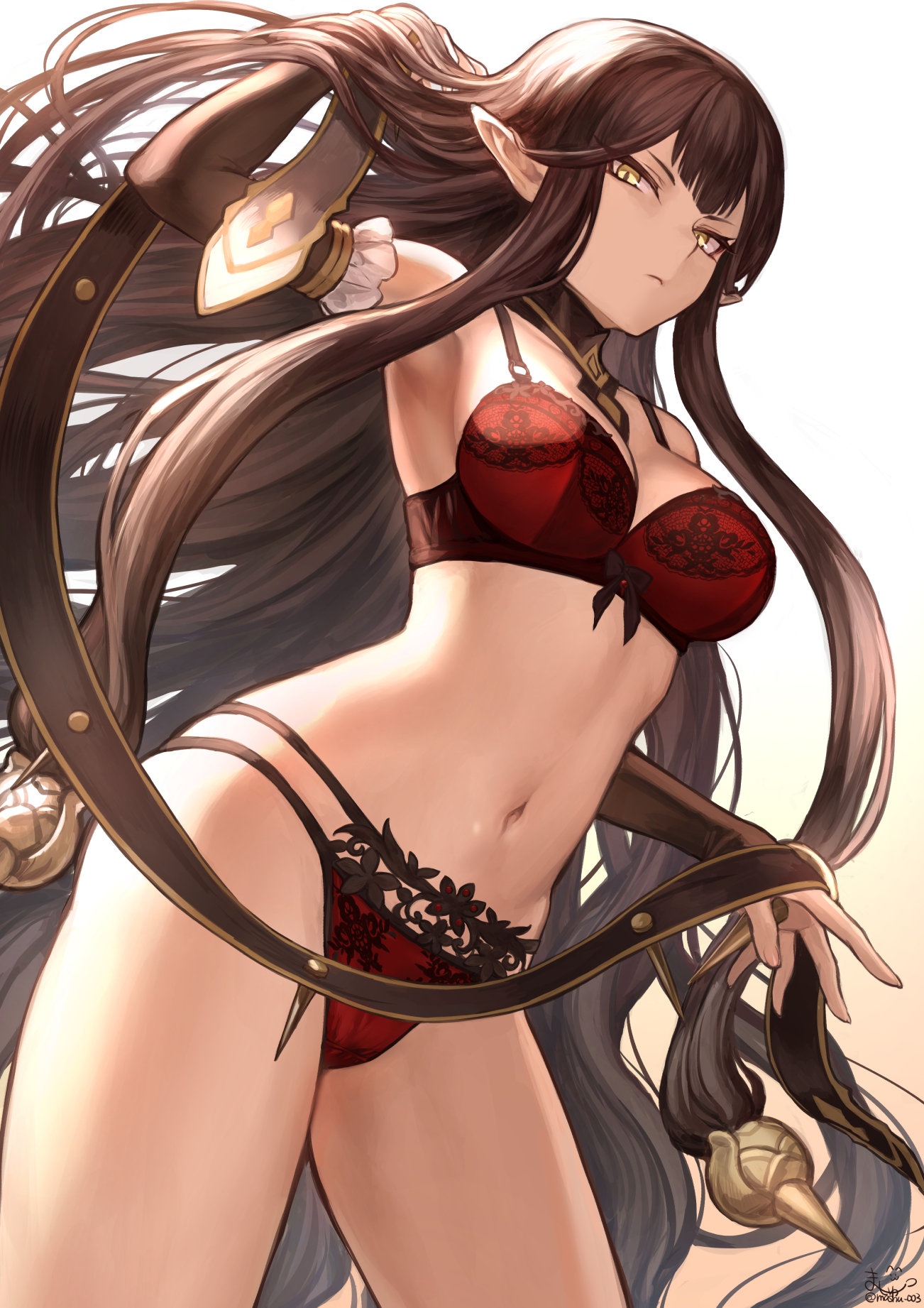 black hair, bra, breasts, elf, fate (series), fate/grand order, female, glaring, lingerie, long hair, looking at viewer, mashu 003, panties, pinup, pointy ears, red bra, red lingerie, red panties, semiramis (fate), standing, underwear, yellow eyes