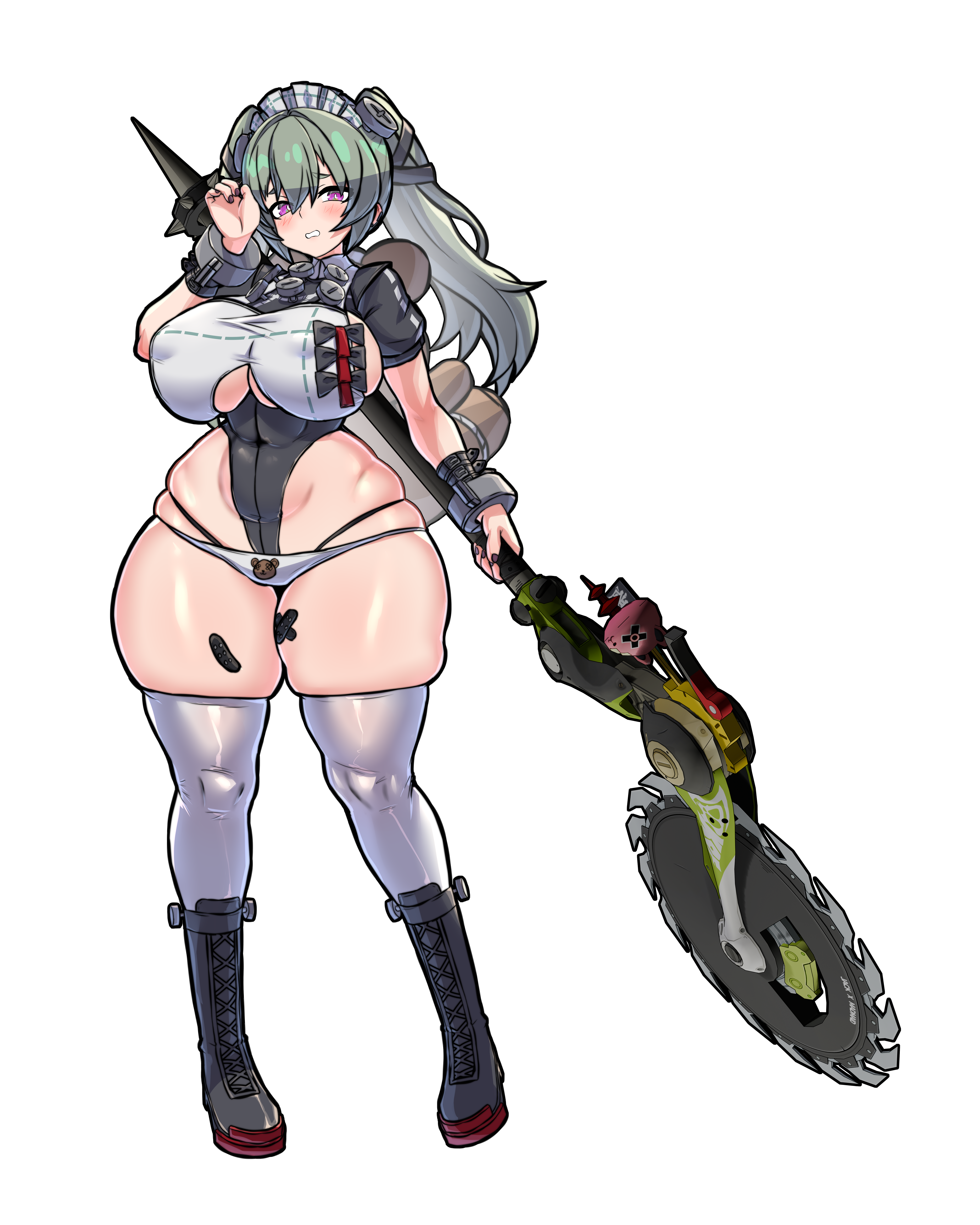 1girls, big breasts, blush, boots, breasts, breedable hips, busty, corin wickes, female, female only, green hair, hair ornament, laced boots, large breasts, light skin, light-skinned female, looking at viewer, maid headdress, maid uniform, mold001, nipple bulge, panties, purple eyes, short sleeves, solo, thick thighs, tied hair, toned, toned female, twintails, underboob, underboob cutout, voluptuous, wide hips, zenless zone zero