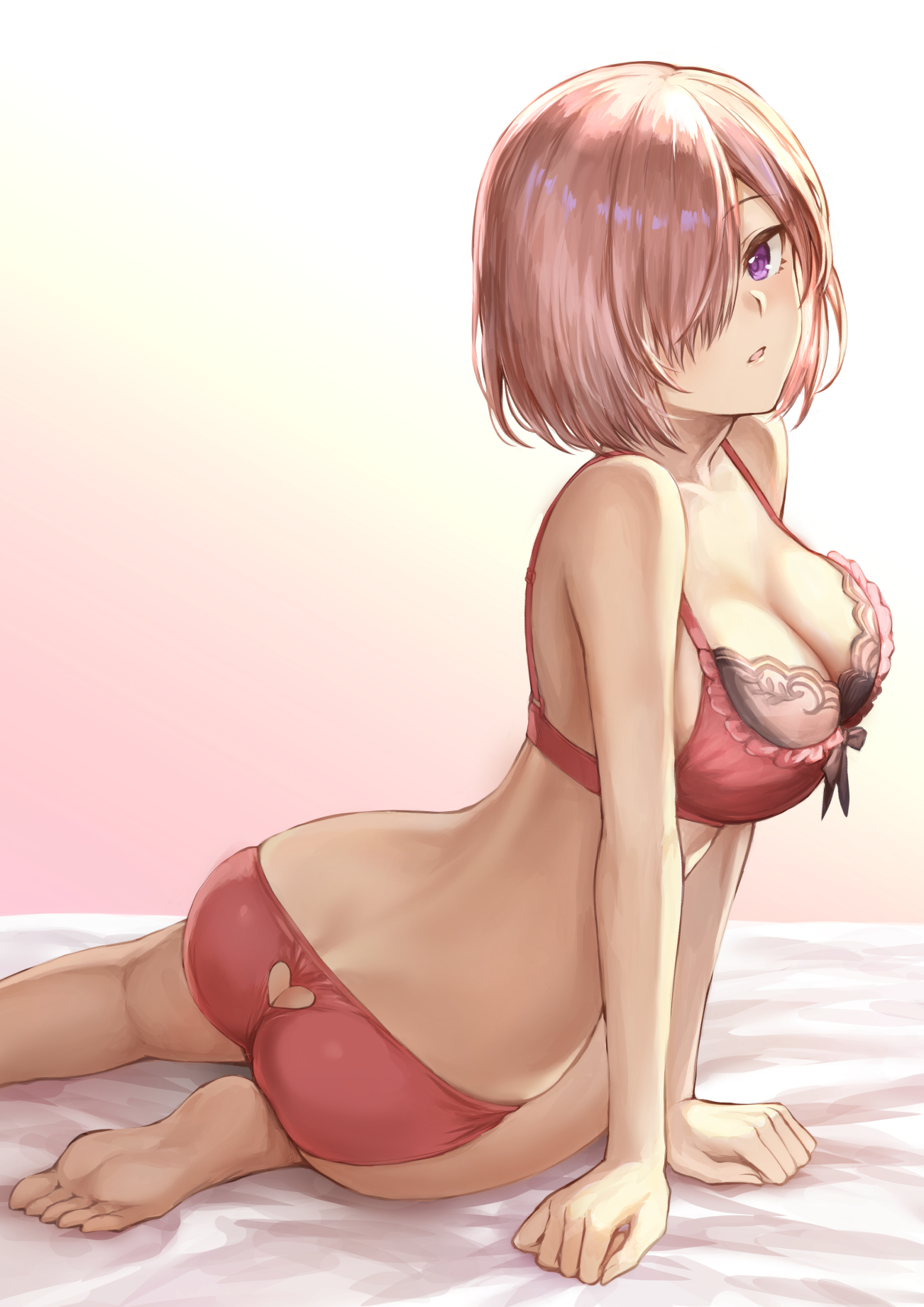 ass, bra, breasts, cleavage, fate (series), fate/grand order, female, female ass, hair over one eye, heart cutout, large breasts, lingerie, mash kyrielight, mashu 003, panties, pink bra, pink hair, pink lingerie, pink panties, purple eyes, solo focus, type-moon, underwear