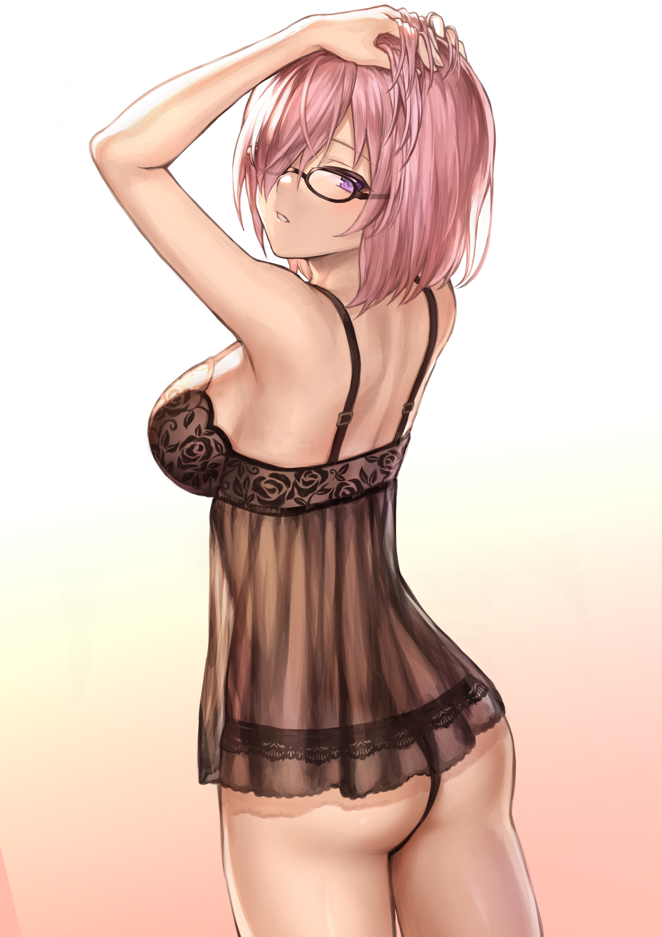 ass, babydoll, black lingerie, black thong, breasts, cowboy shot, fate (series), fate/grand order, female, female ass, female only, glasses, hair over one eye, large breasts, lingerie, mash kyrielight, mashu 003, medium breasts, negligee, panties, pink eyes, pink hair, thighs, thighs together, thong, type-moon, underwear