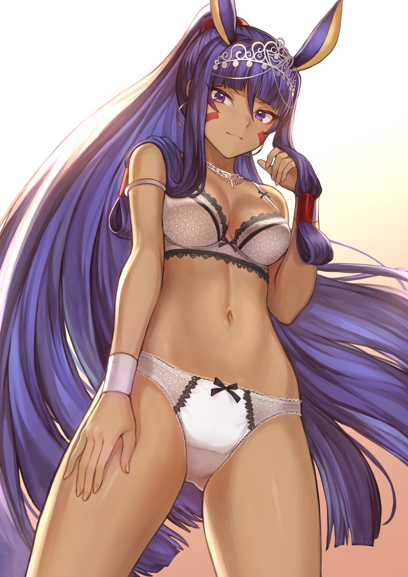bow bra, bow panties, bowtie, bra, breasts, cleavage, dark skin, dark-skinned female, egyptian, fate (series), fate/grand order, female, female only, hoop earrings, jewelry, lingerie, long hair, looking at viewer, mashu 003, midriff, navel, necklace, nitocris (fate/grand order), panties, purple eyes, purple hair, solo, tiara, underwear, white bra, white panties