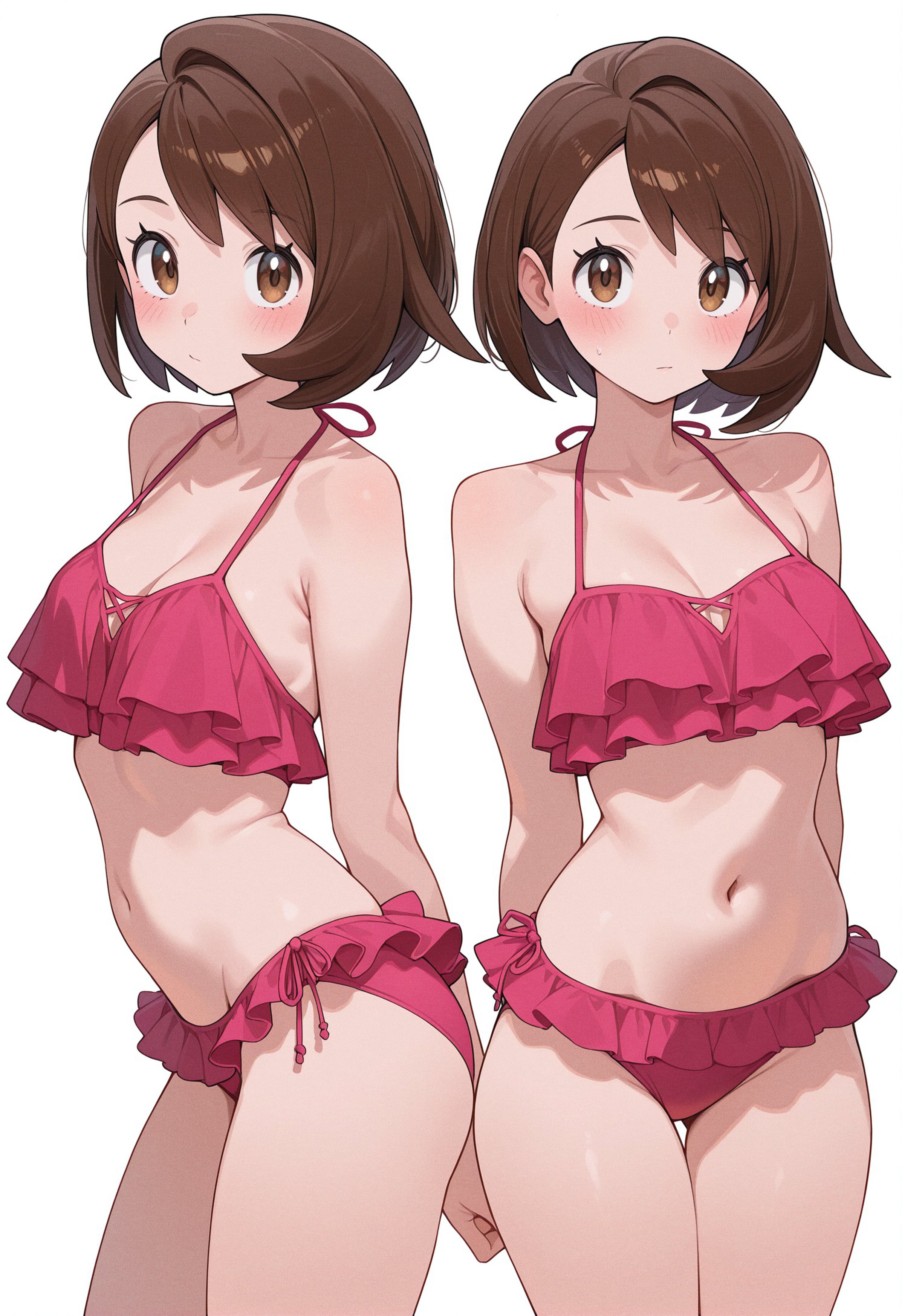 ai generated, arms behind back, bangs, bare shoulders, bikini, blush, breasts, brown eyes, brown hair, closed mouth, collarbone, cowboy shot, eyebrows visible through hair, female, frilled bikini, frills, gloria (pokemon), groin, looking at viewer, medium breasts, navel, owari wan, pink bikini, pokemon, pokemon ss, red bikini, short hair, standing, stomach, striped background, swept bangs, swimsuit, white background