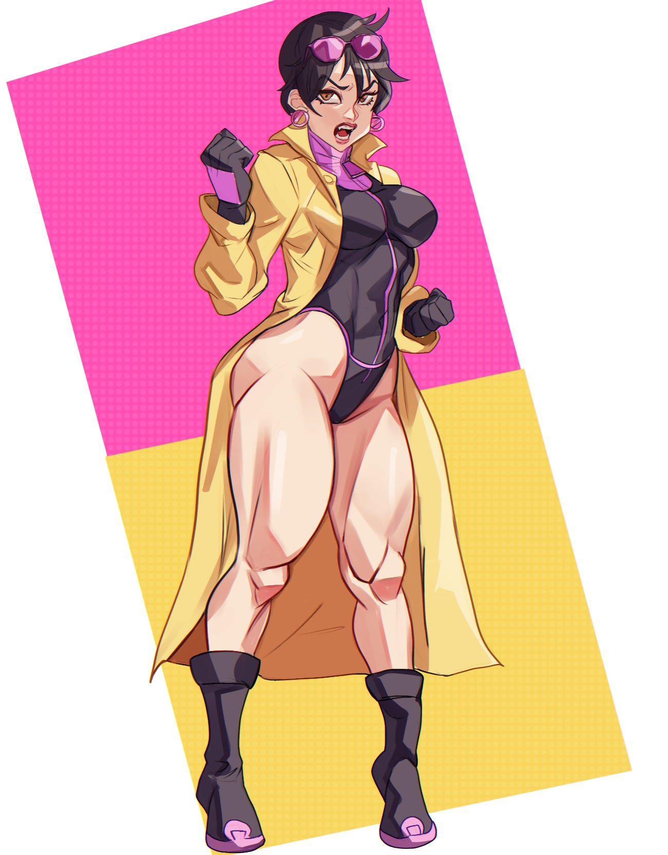 1girls, avengers, bare legs, big breasts, black hair, boots, breasts, busty, dlusional, earrings, fangs, female, jubilation lee, jubilee, light skin, light-skinned female, marvel, marvel comics, mutant (marvel), overcoat, short hair, sunglasses on head, thick thighs, vampire, vampire jubilee, x-men, yellow coat
