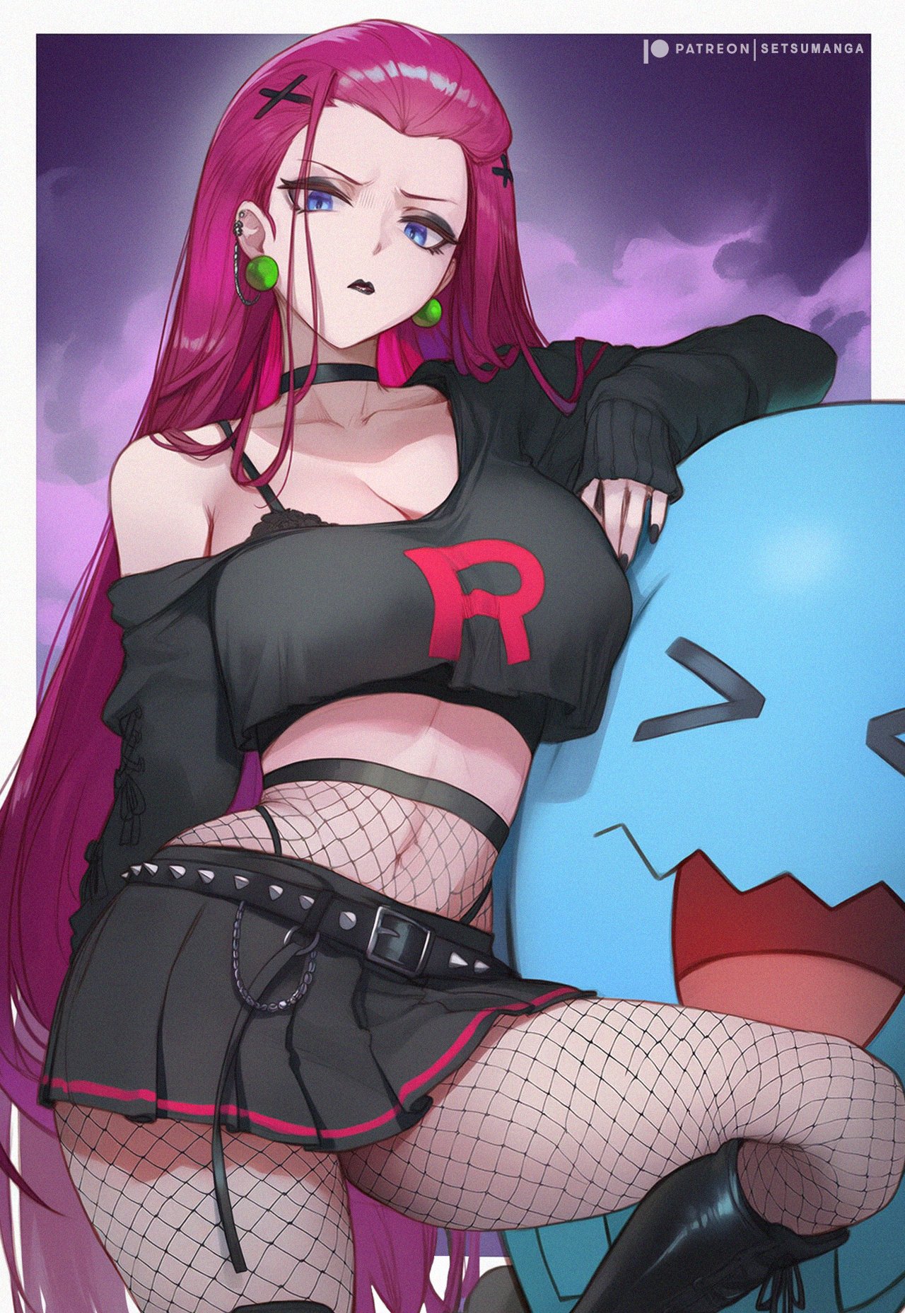 1girls, ai generated, alternate costume, bangs, black bra, black choker, black eyeshadow, black footwear, black lipstick, black nails, black skirt, blue eyes, boots, breasts, choker, cleavage, collarbone, crop top, earrings, eyeshadow, female, fishnet legwear, fishnets, goth, goth girl, hair ornament, hairclip, jacket, jessie (pokemon), jewelry, large breasts, lipstick, long hair, long sleeves, looking at viewer, midriff, miniskirt, nail polish, navel, off shoulder, pantyhose, pink hair, pokemon, setsuaiart, shirt down, skirt, tagme, team rocket, very long hair, wobbuffet