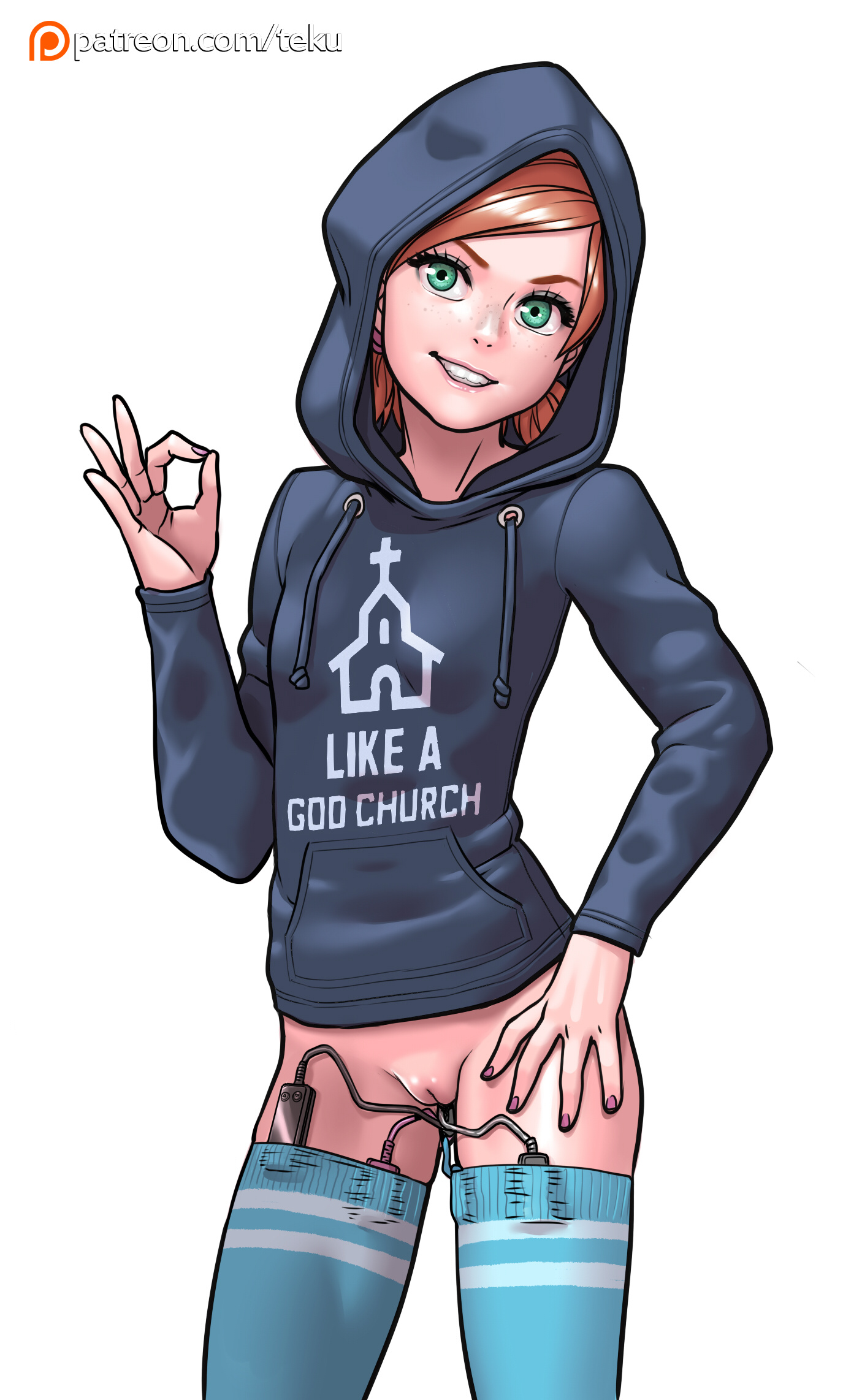 1girls, alternate version available, bottomless, breasts, english text, fellatio gesture, female, freckles, green eyes, hand on hip, hoodie, innie pussy, looking at viewer, naked hoodie, ok sign, original, original character, pussy, red hair, sex toy, small breasts, solo, teenager, tekuho, thighhighs, vaginal insertion, vibrator