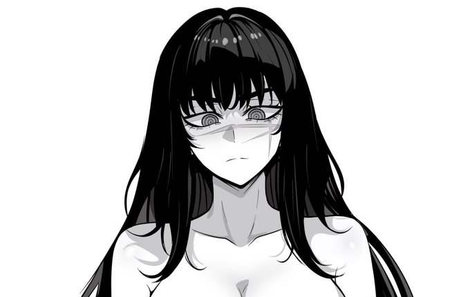 1girls, 2d, big breasts, black and white, breasts, chainsaw man, female, female focus, female only, gato gratam, looking at viewer, mitaka asa, thick, yoru (chainsaw man)