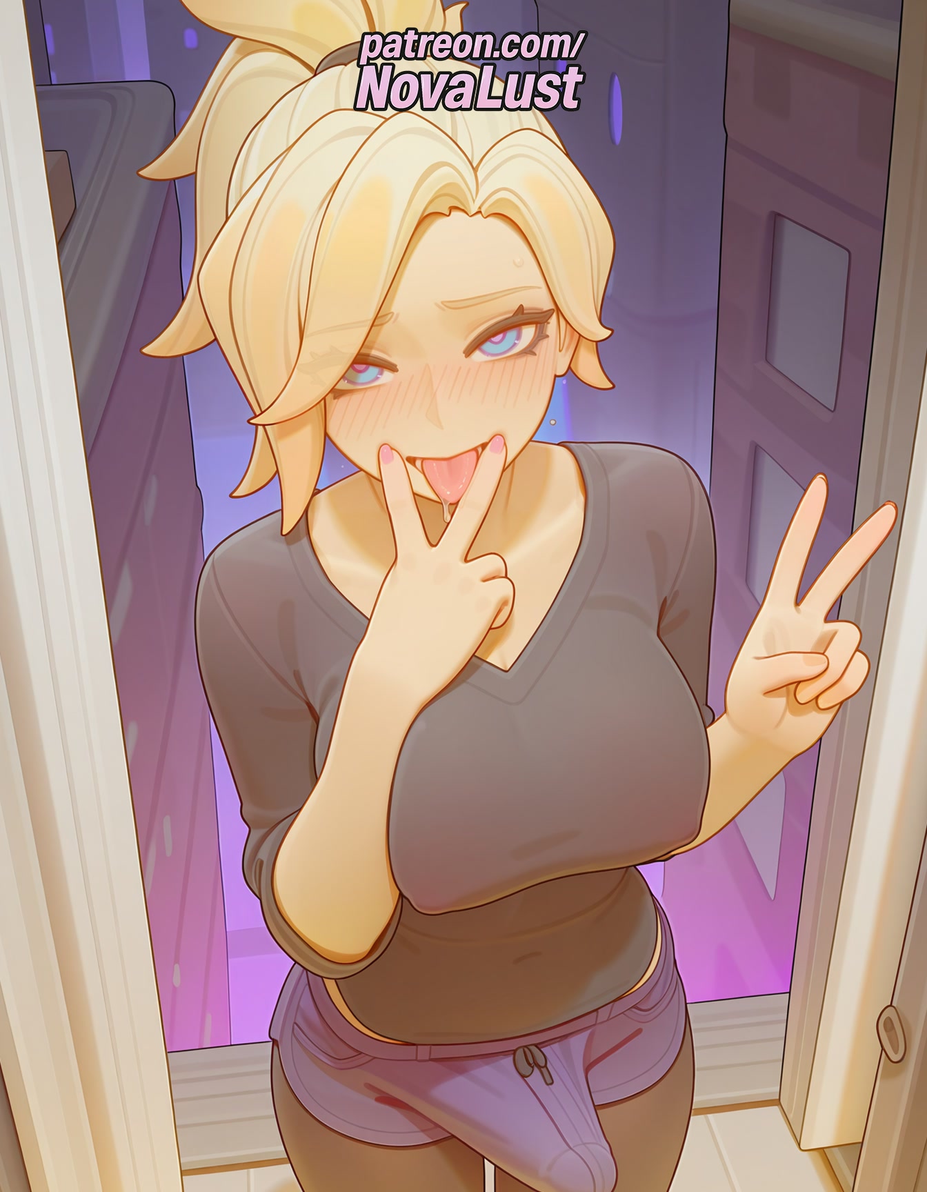 1futa, 2025, ai generated, artist name, bed, big breasts, big chest, blonde hair, blue eyes, blush, breasts, bulge, bust, busty, chest, curtains, door, doorway, futanari, hi res, high quality, high resolution, highres, intersex, large breasts, looking at viewer, mercy, naughty face, novalust, overwatch, patreon, patreon username, solo, stable diffusion, tongue, tongue out, v, watermark