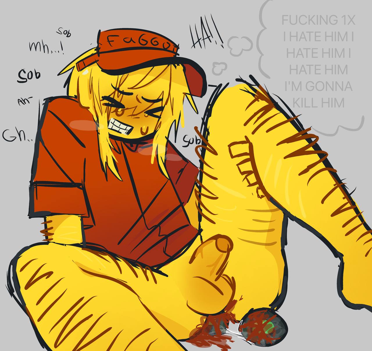 1boy, 1male, 1man, 1x1x1x1, 1x1x1x1 (forsaken), after rape, after sex, arm hair, ass in blood, bleeding from anus, blood, blood drip, blood in ass, blood on ass, blood stain, blood stains, blood string, bloody ass, body hair, boy, boy egg laying, boy only, breath cloud, breath clouds, brown body hair, clenched teeth, closed eyes, crying, crying male, cussing, egg, egg in ass, egg laying, eggs, eggs in ass, eggs in blood, elliot (forsaken), elliot (work at a pizza place), english text, forsaken (roblox), gdz, half clothed, half clothed boy, half clothed male, half clothed man, half dressed, half dressed boy, half dressed male, half dressed man, half naked, half naked boy, half naked male, half naked man, half nude, half nude boy, half nude male, half nude man, half-dressed, half-dressed boy, half-dressed male, half-dressed man, holding leg up, in pain, leg hair, male, male egg laying, male focus, male only, man egg laying, man only, mentioned character, penis, probably gay, probably rape, red shirt, red visor, reverse ryona, roblox, roblox game, robloxian, simple background, slur, small penis, sob, sobbing, spread legs, spreading, spreading ass, spreading own ass, tears, tears of pain, teeth clenched, thought bubble, video game, video game character, video game franchise, video games, work at a pizza place, yellow body, yellow hair, yellow skin