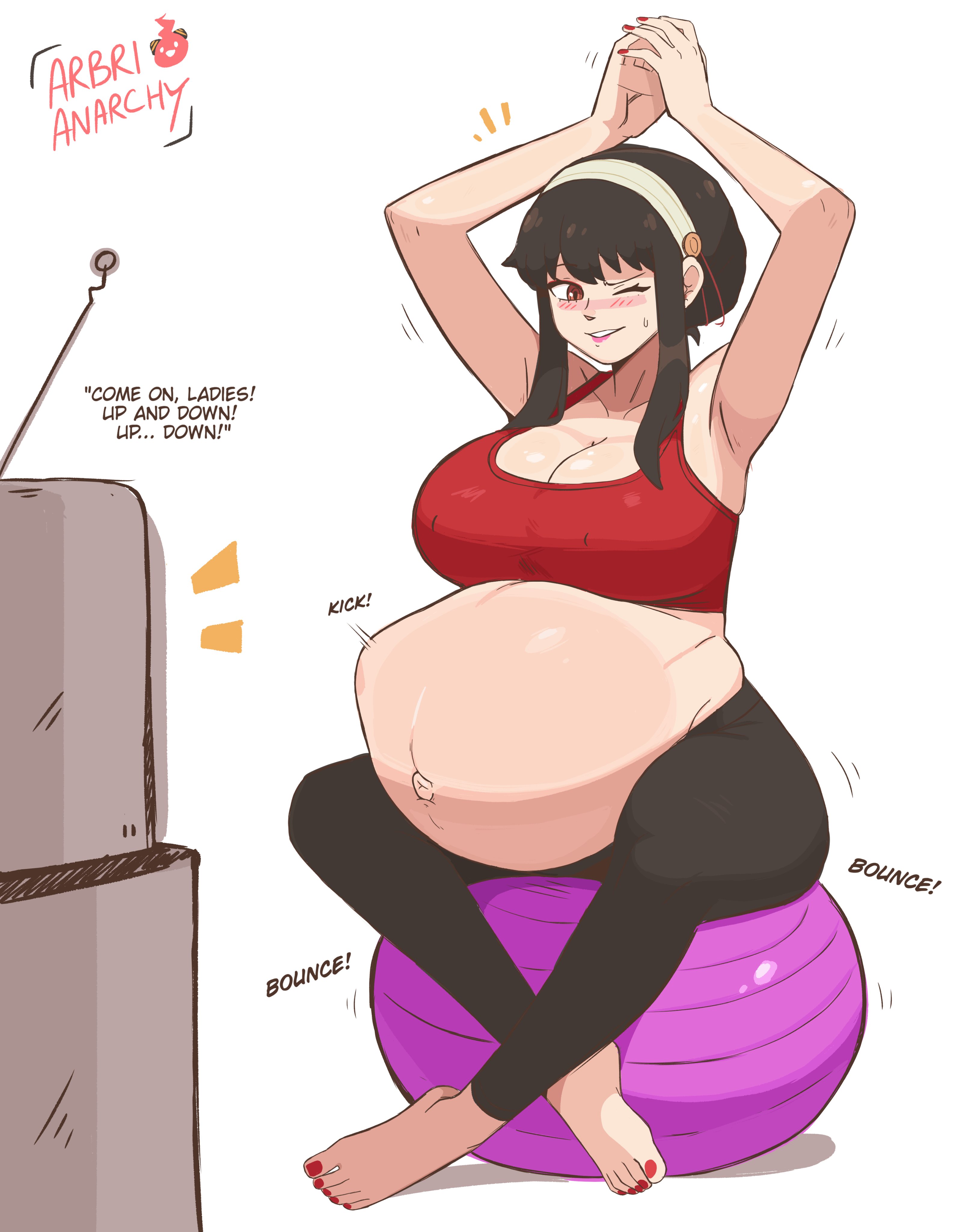 1girls, alternative version, arbrianarchy, big belly, blush, english text, female, female only, fetal movement, kicking (pregnancy), nail polish, pregnant, pregnant female, ready to pop, red nails, red toenails, solo, spy x family, super belly, text, toenail polish, yoga ball, yor briar, yor forger