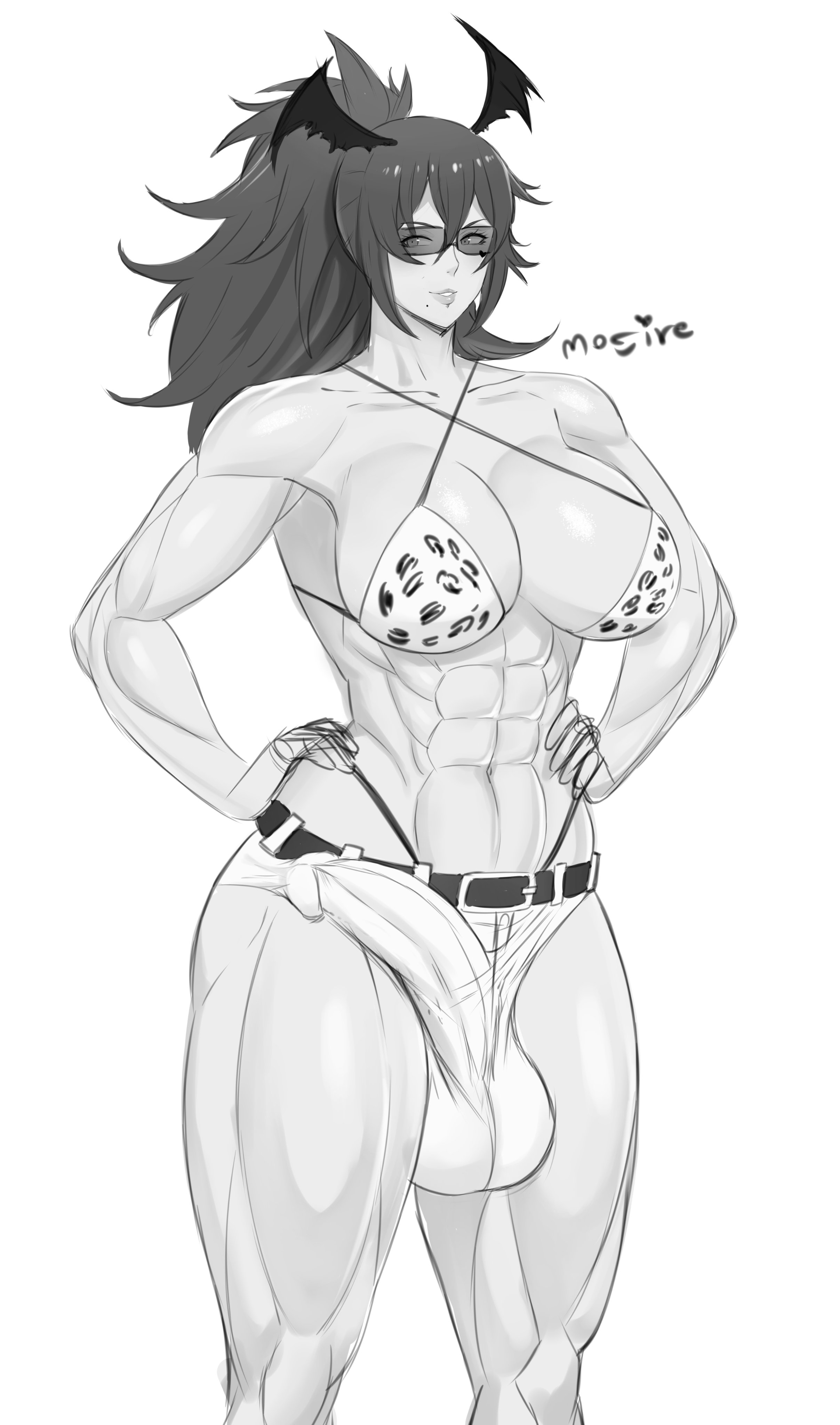 1futa, abs, beauty mark, big ass, bikini top, breasts, bulge, bulge through clothing, futanari, huge cock, intersex, mogire, muscular, muscular futa, penis, penis outline, solo, sunglasses, wings on head