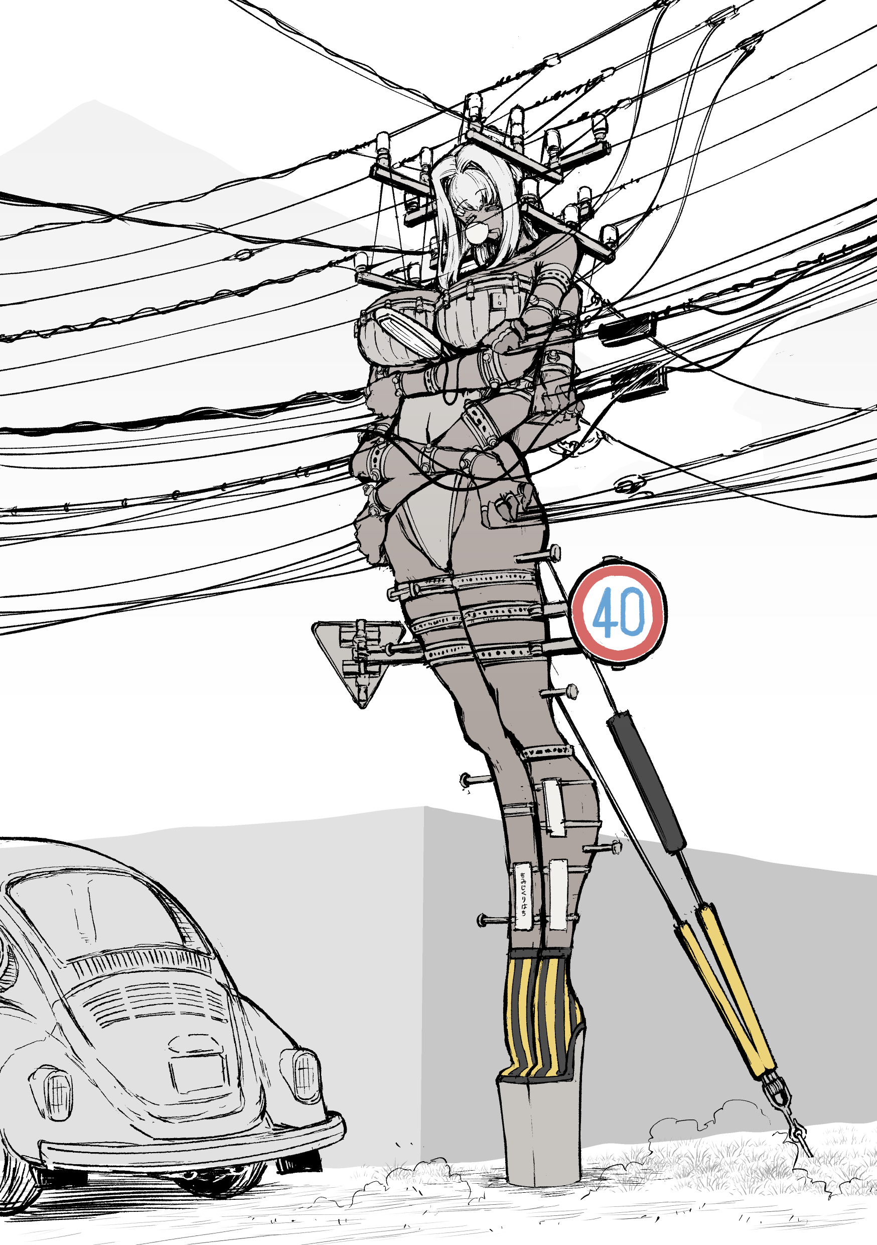 1girls, anthro, anthropomorphic, big breasts, breasts, car, clothed, clothed female, dark skin, dark-skinned female, female, female focus, female only, giantess, gijinka, heels, high heels, large boobs, large breasts, large female, long hair, long-haired female, mini giantess, momizikurihachi, personification, sleeping, utility pole