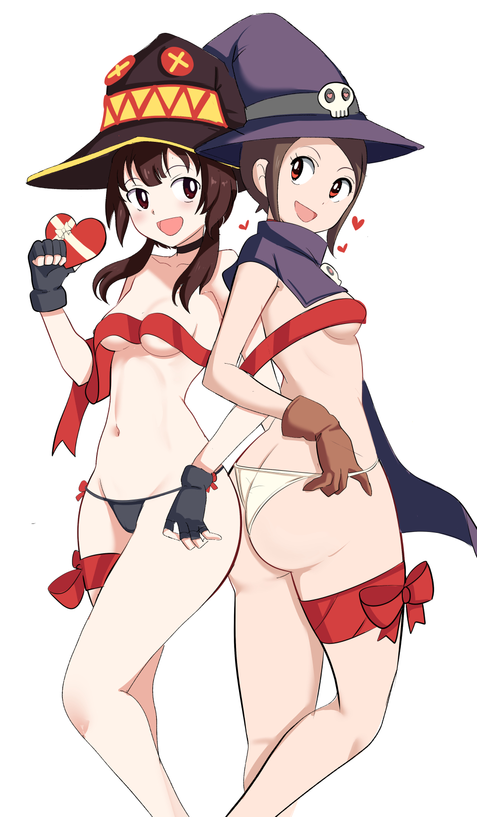 2girls, ass, breasts, crossover, digimon, digimon adventure, female, female only, hikari yagami, kari kamiya, kono subarashii sekai ni shukufuku wo!, light skin, light-skinned female, megumin, pabsmikan, panties, short hair, studio deen, toei animation, white background, witch hat, wizardmon (cosplay), yagami hikari