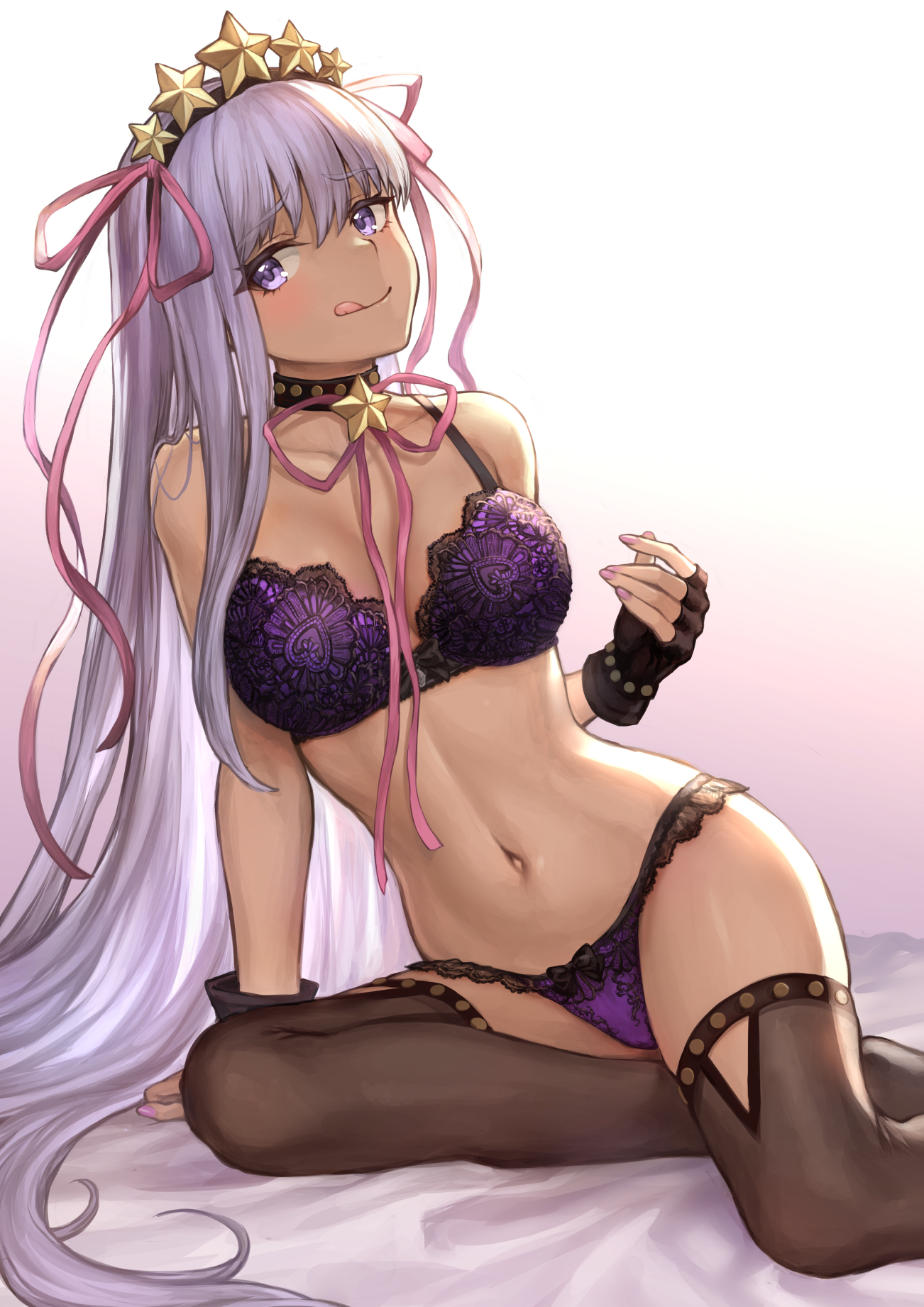 bb (fate), bb (swimsuit mooncancer), bra, breasts, cleavage, fate (series), fate/grand order, female, female only, fingerless gloves, gloves, licking lips, lingerie, long hair, looking at viewer, mashu 003, panties, purple eyes, smile, solo, thighhighs, tongue, tongue out, very long hair